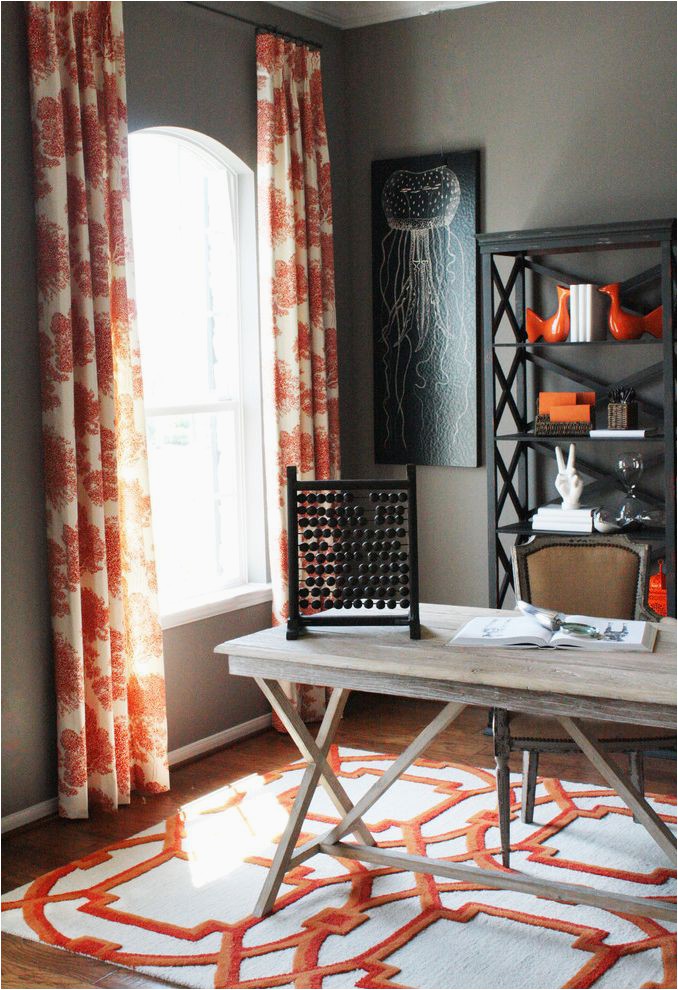 coral colored area rugs rustic home office also area rug bookcase bookshelves collection curtains desk accessories drapes grey wall jellyfish mid century modern orange rustic storage trestle table wall art wall decor window treatments wood flooring