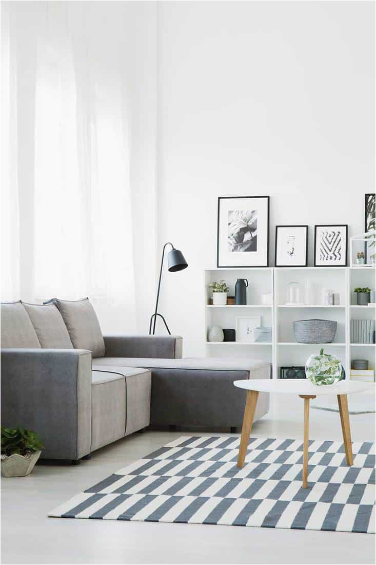Grey couch standing in front of a table that stands on a patterned rug in modern living room interior with shelves ornaments posters and lamp