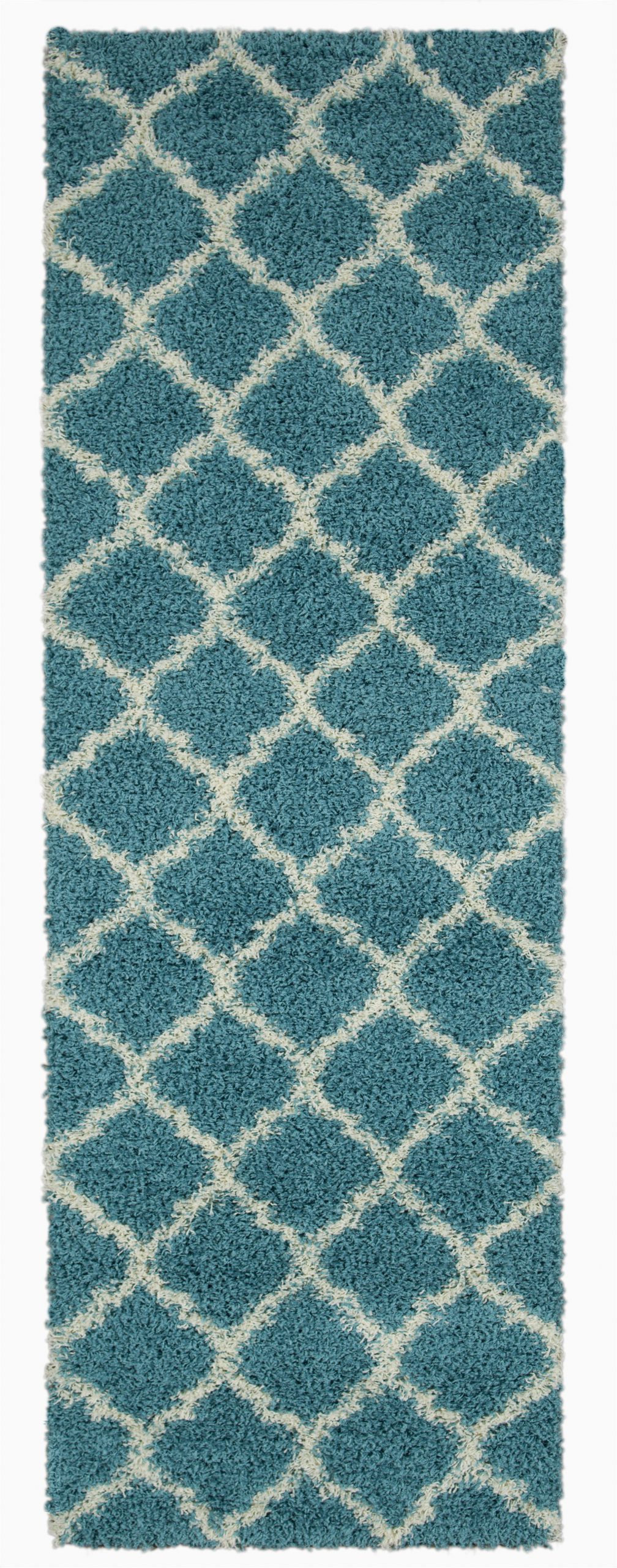 ottomanson ultimate shag collection moroccan trellis design contemporary hallway kitchen shag runner rugs turquiose blue 27x80