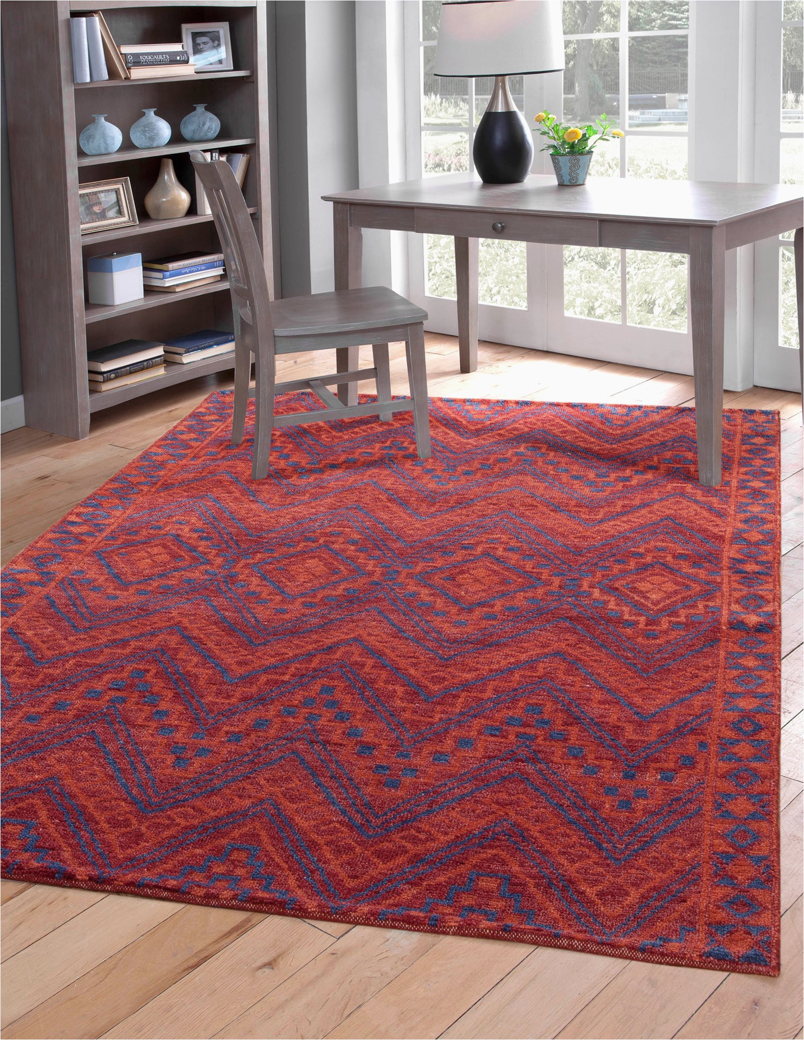 Red Orange and Blue Southwest Santa Fe Pattern Wool Area Rug 2048x