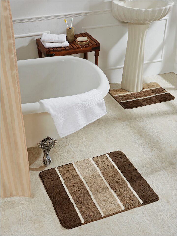 Obsession Brown Beige Set 2 Polyester Rectangular Bath Rugs 1