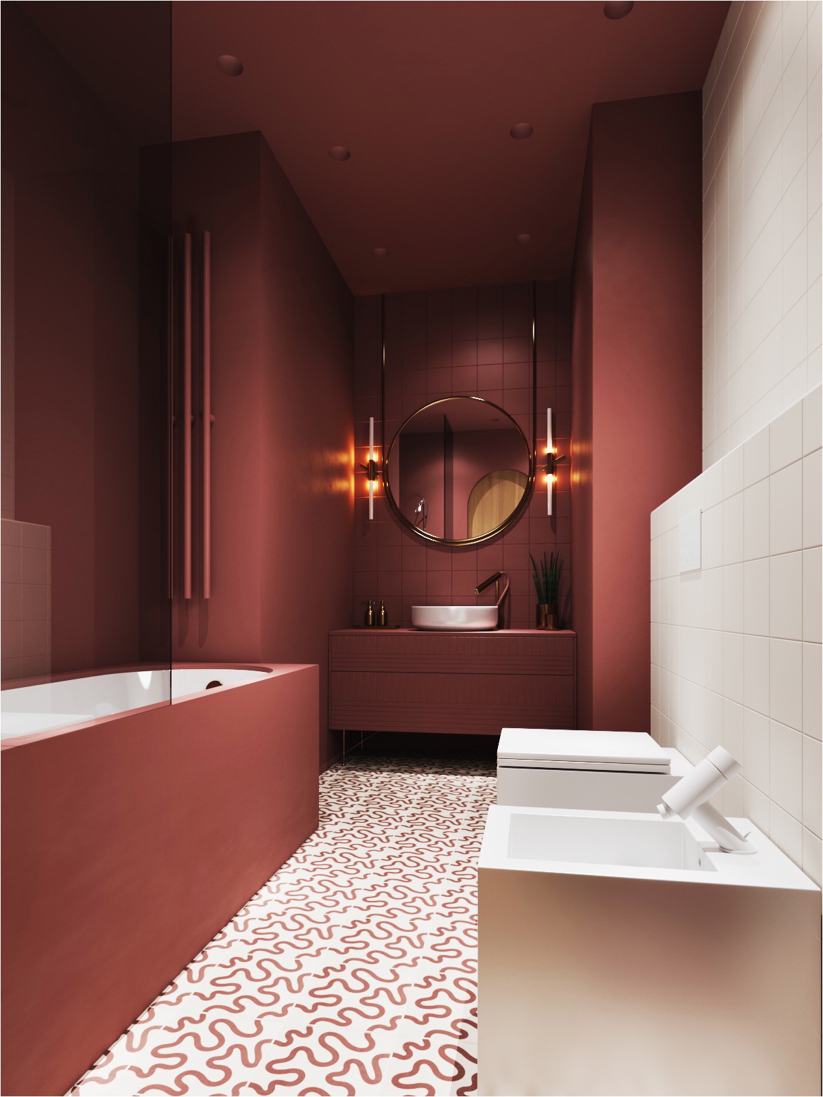 muted red bathroom