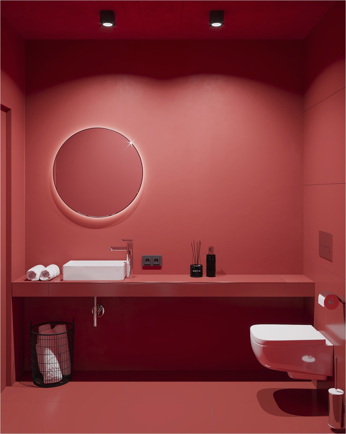 red bathroom vanity