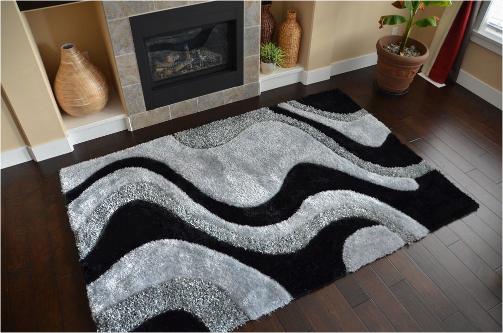1 Inch Pile area Rugs soft Shag Rug 1 Inches Thick Pile Abstract Design Black