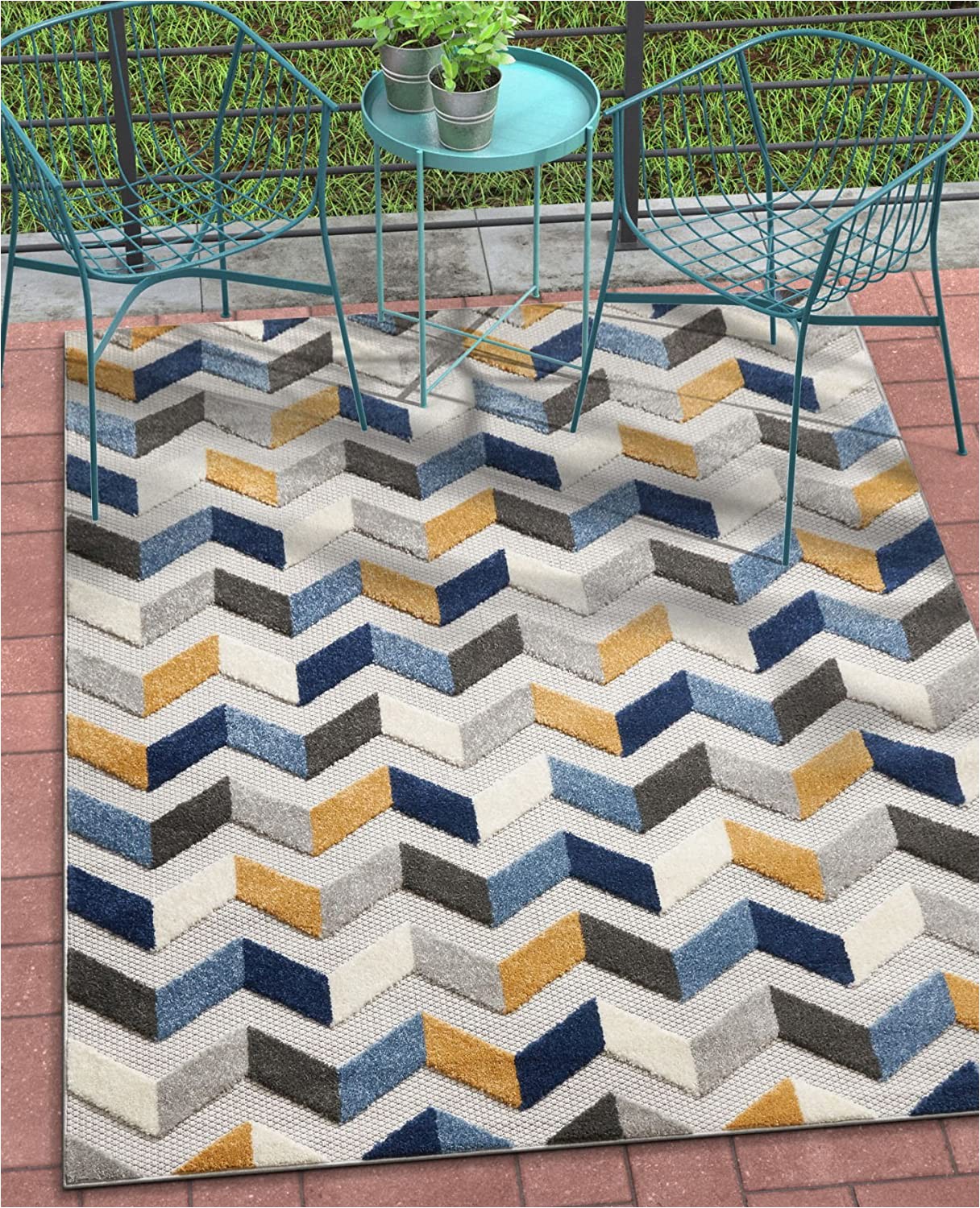 10 X 10 Outdoor area Rug Well Woven Maui Blue Indoor Outdoor Chevron area Rug 8×11 7 10" X 9 10" High Traffic Stain Resistant Modern Geometric Carpet