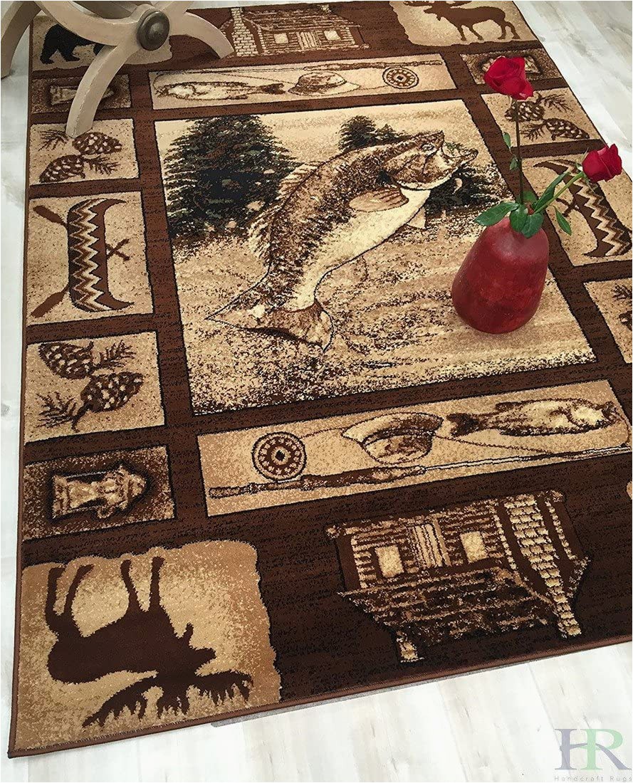 Area Rugs with Animals On them Hr Lodge Cabin Nature and Animals area Rug– 5 2” X 7 2” Geometric Design Cabin area Rug–abstract Moose Kayak Fishing Equipment Big Fish