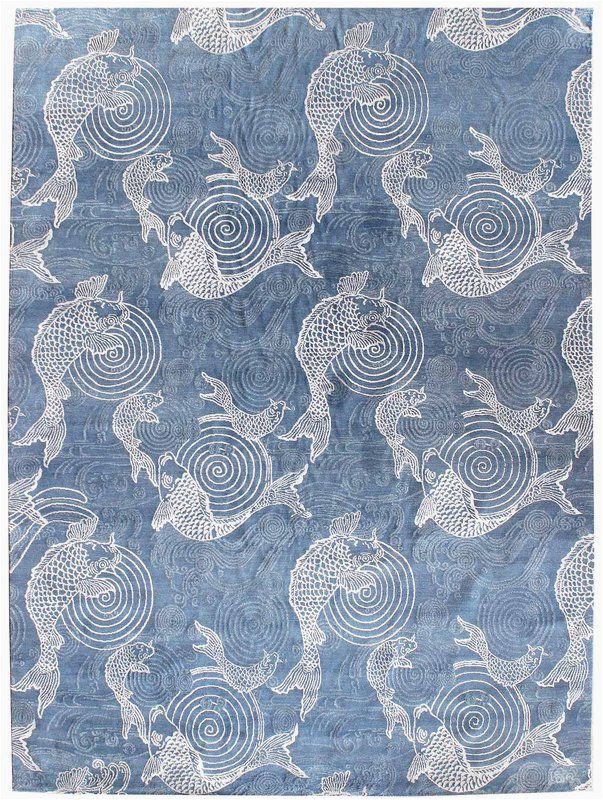 Area Rugs with Fish On them Fish Design Hand Knotted Wool Blue Indoor area Rug