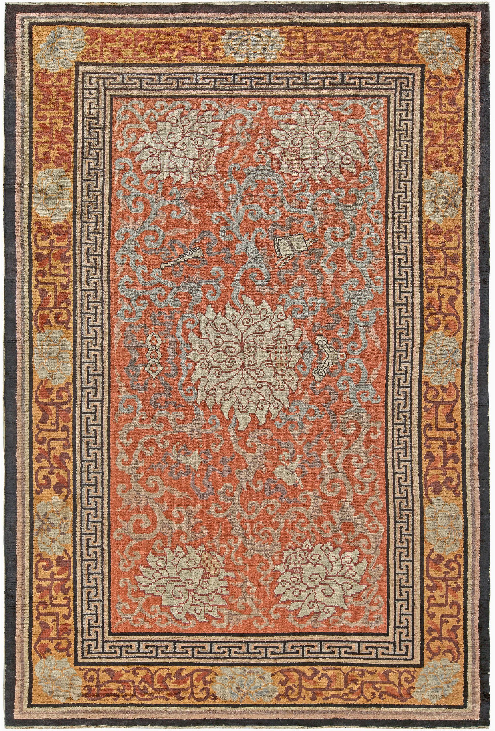Art Deco Style area Rugs Vintage Chinese orange Cream and Gray Hand Knotted Silk Rug