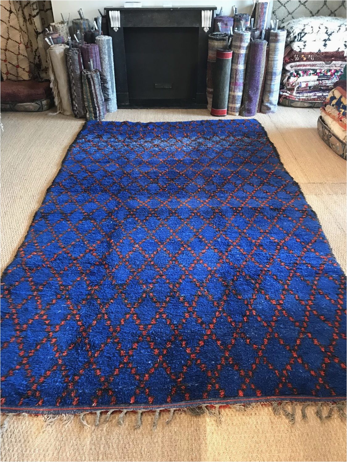 Large Blue Wool Rug Vintage Moroccan Pile Rug Cobalt Blue Hand Woven 1970s Wool Rug Geometric Red Diamond Design