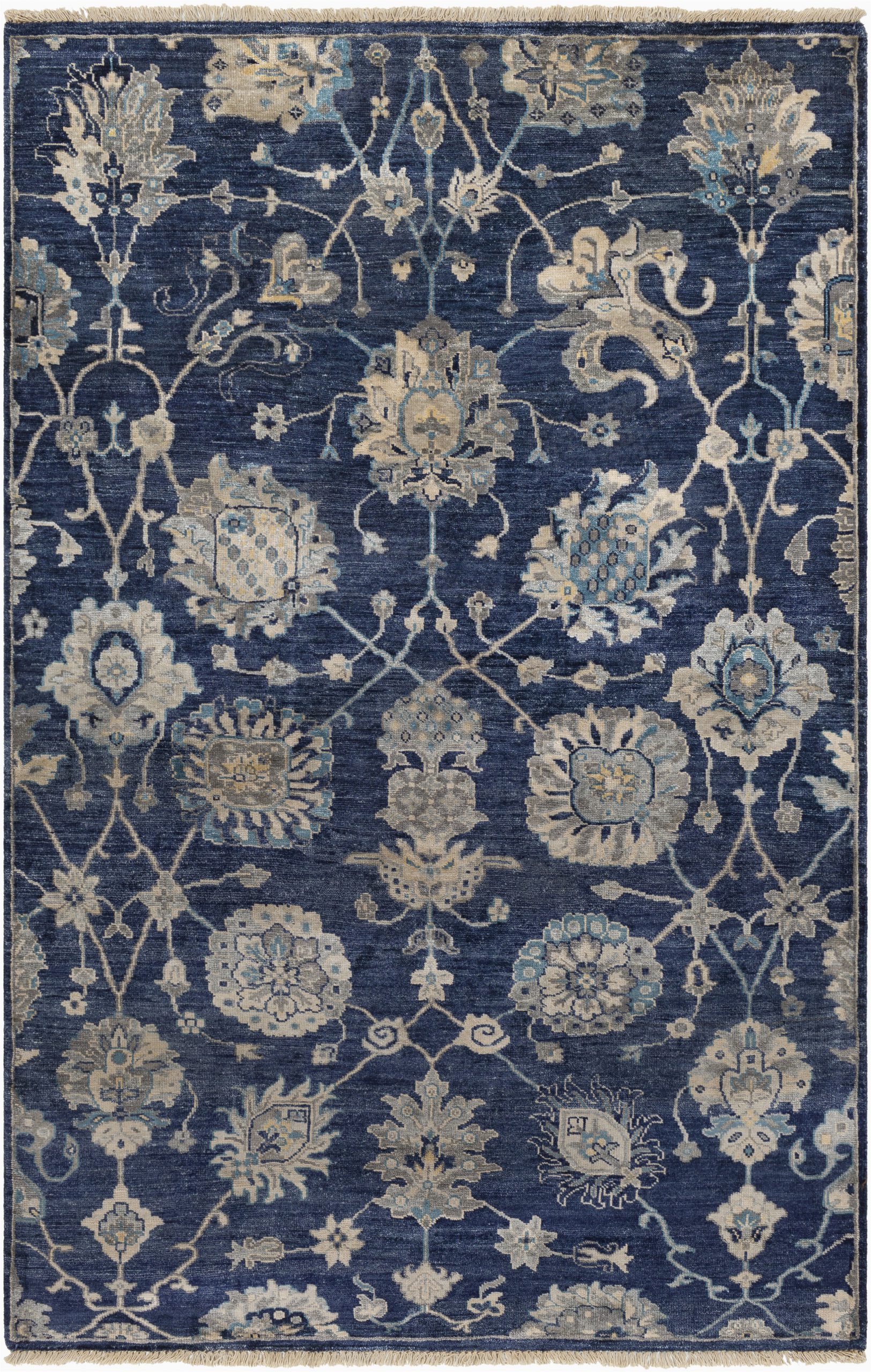 Navy and Taupe area Rug Hesston Floral Hand Knotted Navy Taupe area Rug