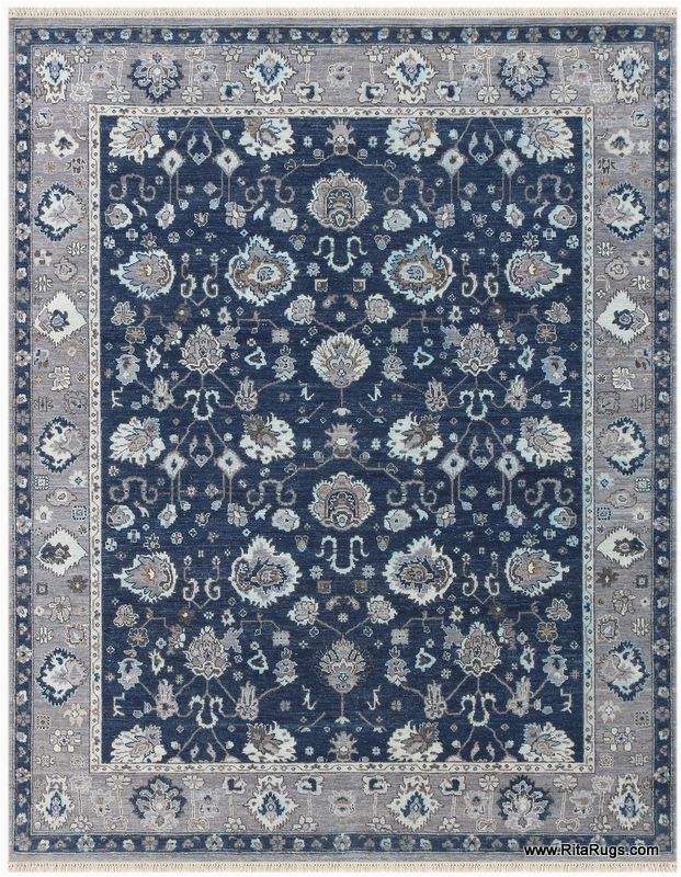 Navy Blue Border Rug Wool Hand Knotted Rug Navy Blue Gray Ivory