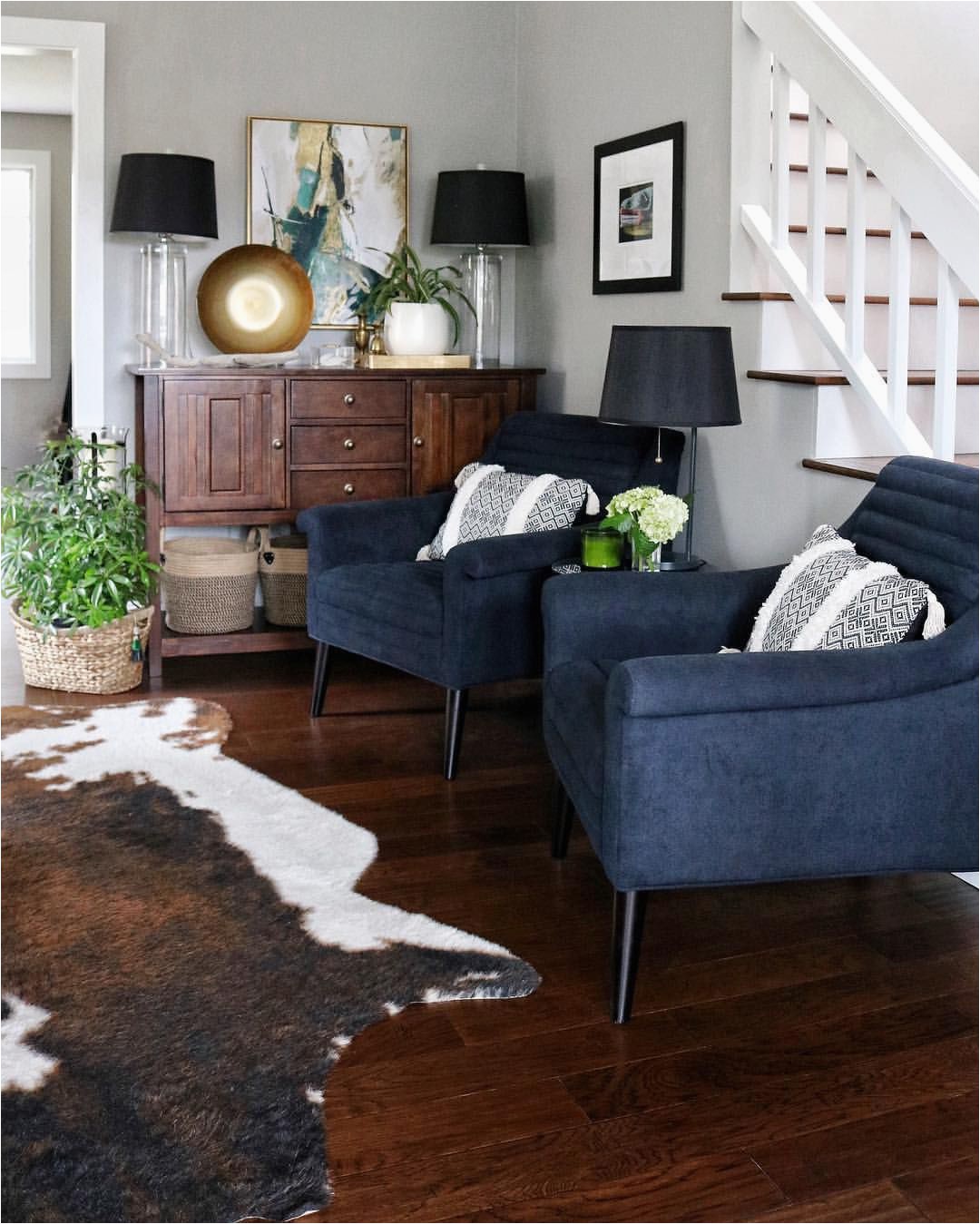 Navy Blue Cowhide Rug Living Room with Navy Chairs & Faux Cowhide Rug