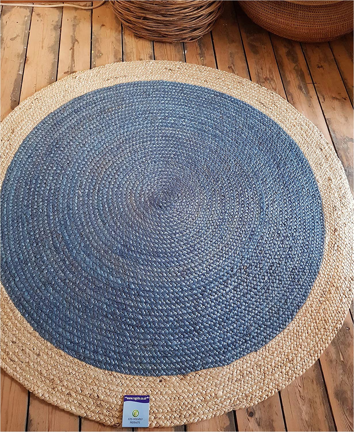 Round Blue Jute Rug 120x120cm Round Circular Blue with Beige Natural Jute Circle