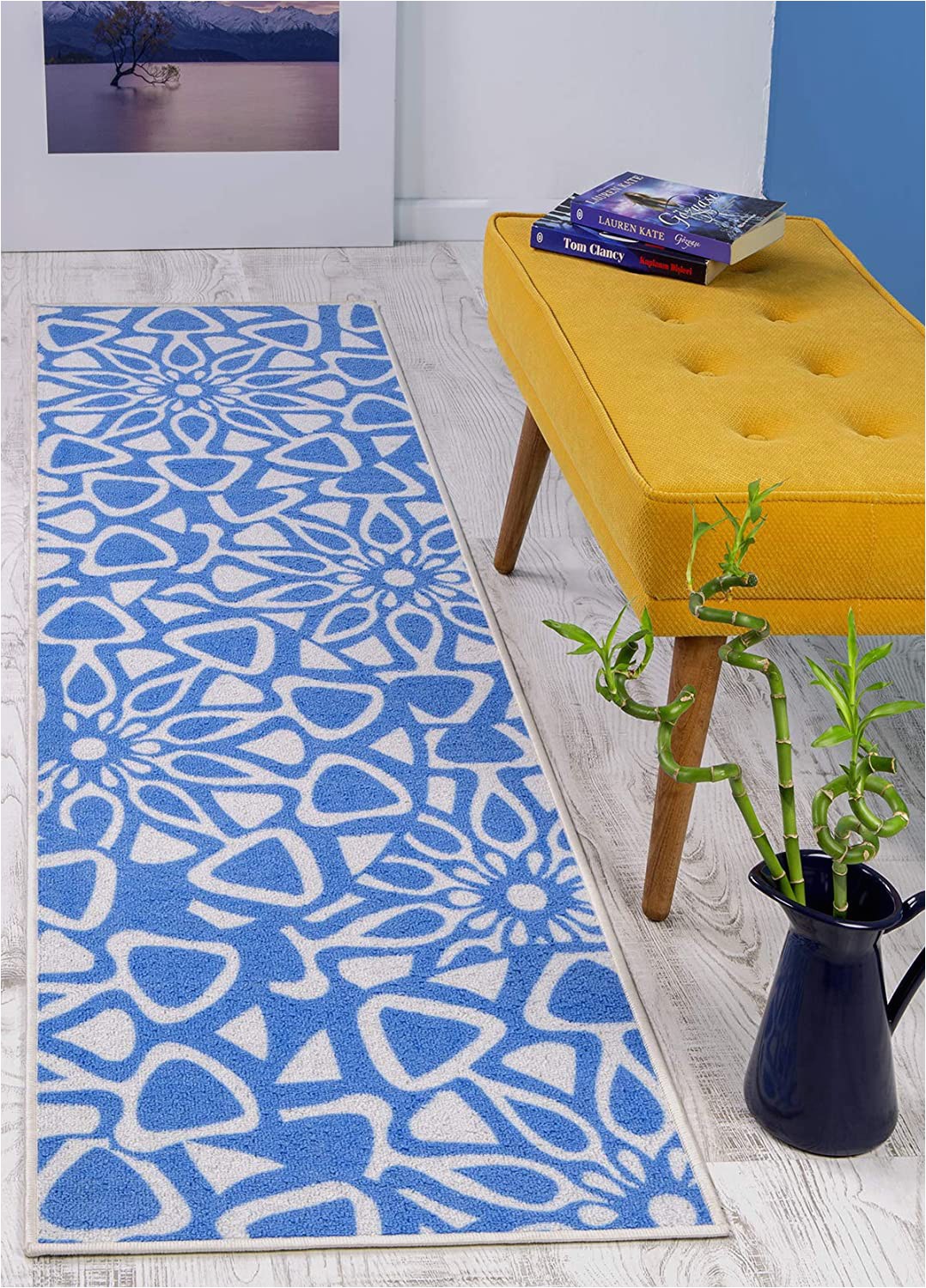 Area Rugs without Rubber Backing Antep Rugs Casa Azul Collection Geometric Contemporary Non Skid Non Slip Low Profile Pile Rubber Backing Indoor area Rug Blue Cream 1 8" X 4 11"