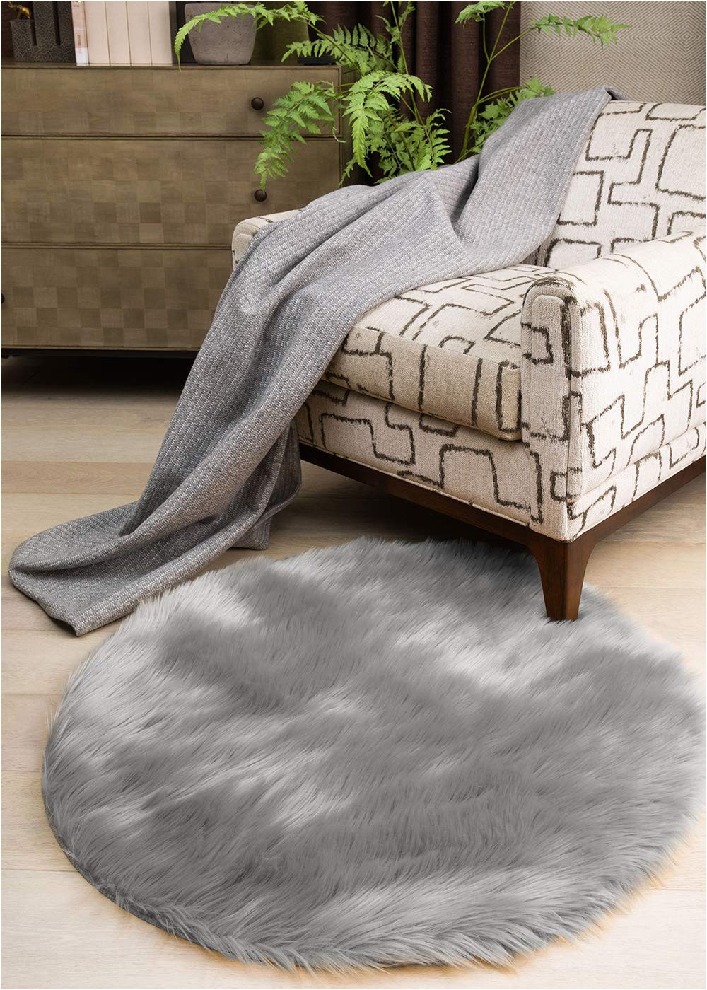 Black Faux Fur area Rug Ultra soft Round Faux Sheepskin Fur area Rug Grey Circular Shaggy Rug Round Fluffy area Rugs Plush Circle Floor Carpet…