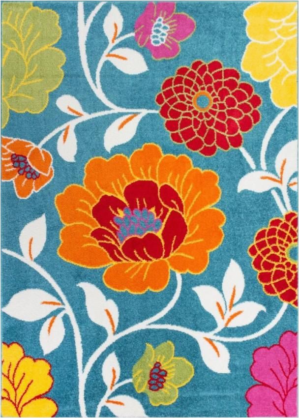 Bright Colored Floral area Rugs Color Blue orange Yellow Pink and F White Material