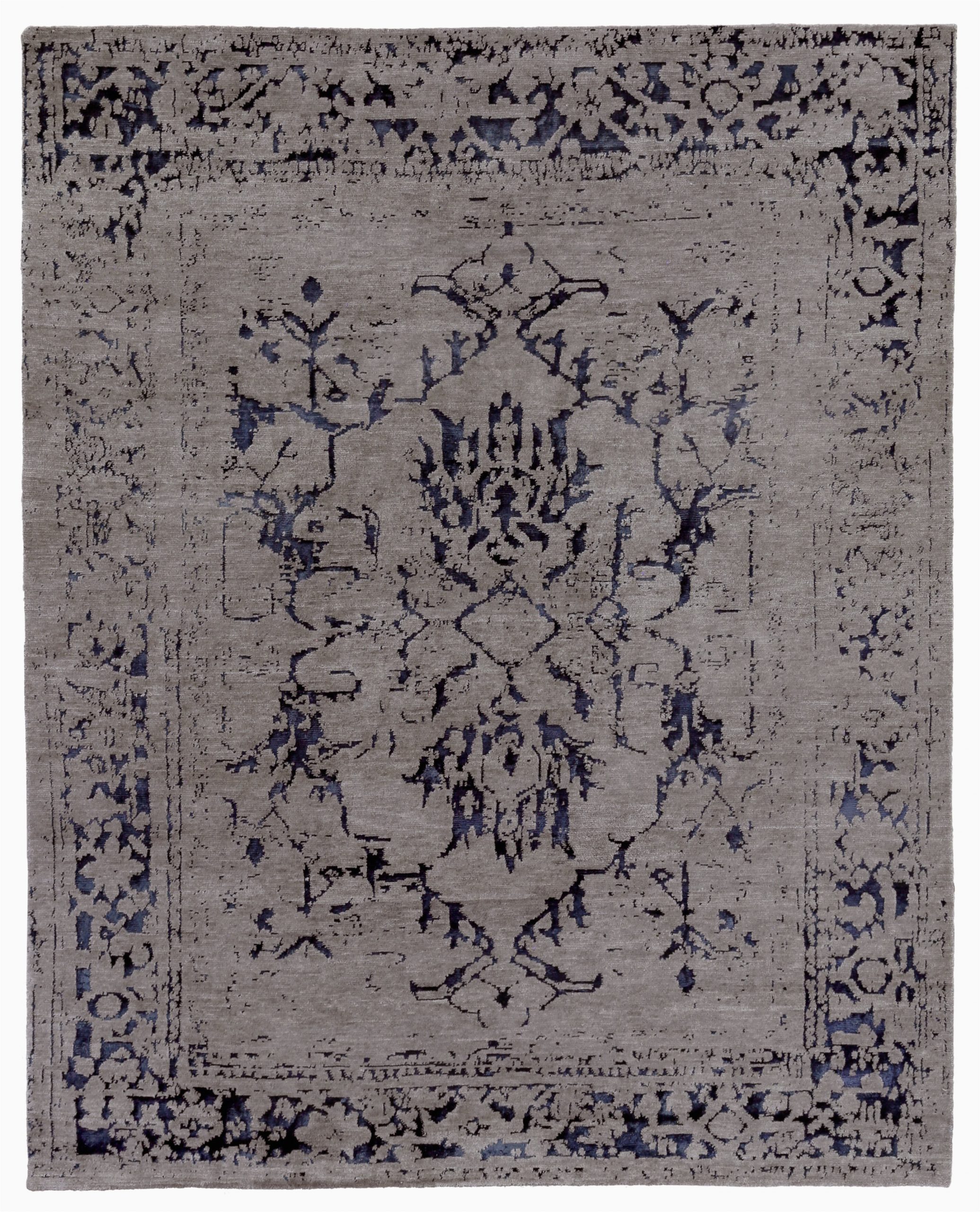 Navy Blue Grey and White area Rug Liras oriental Hand Knotted Navy Blue Gray area Rug