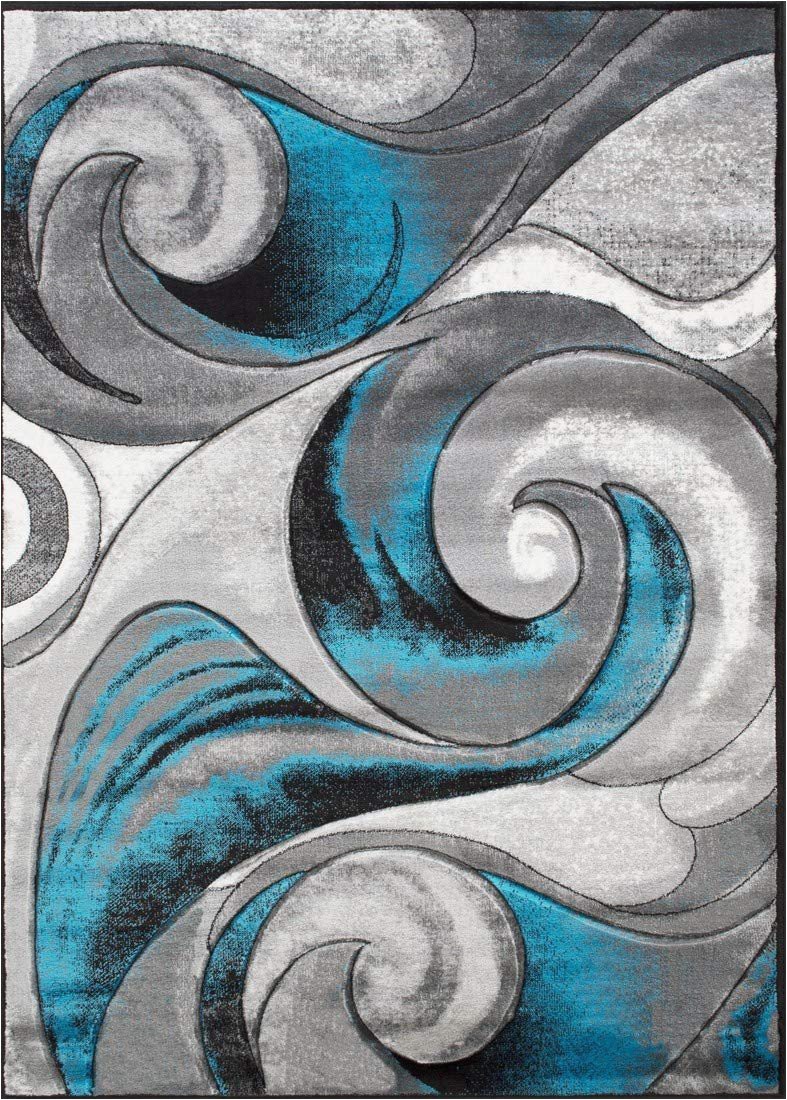Turquoise and Black area Rug Swirls Abstract Design Modern Contemporary Hand Carved area