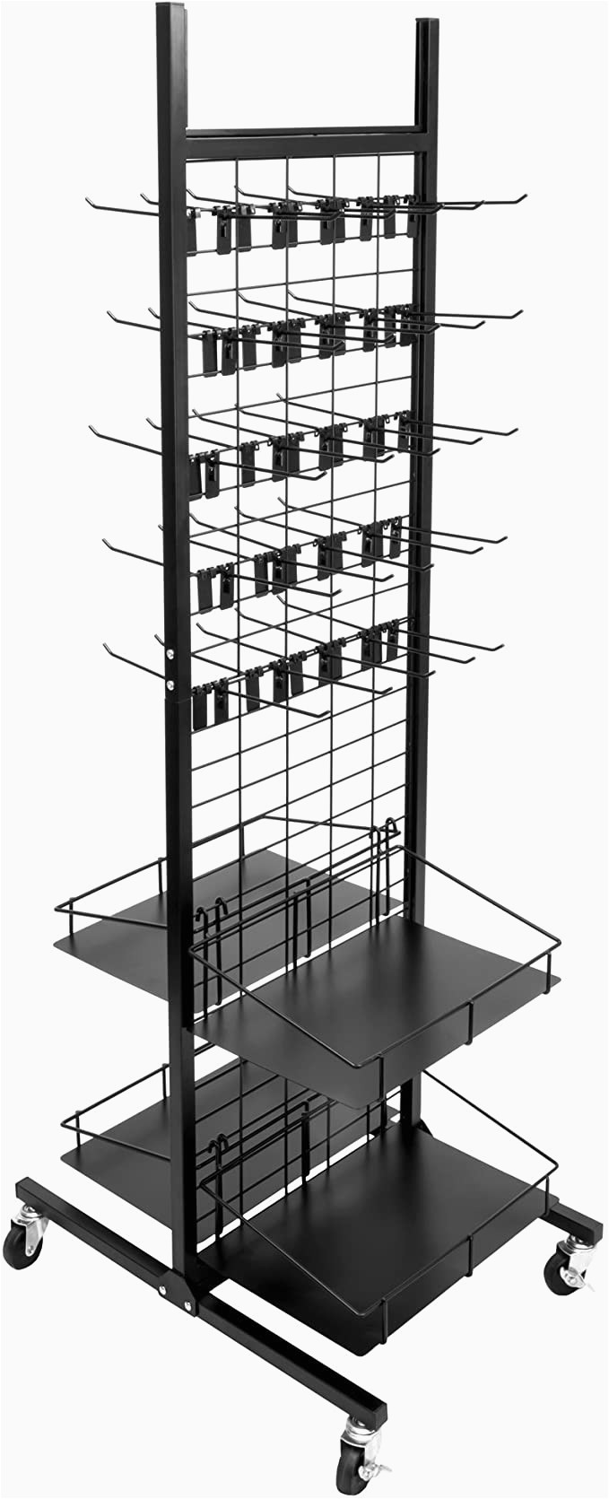 Used area Rug Display Racks for Sale Rolling Retail Display Merchandising Rack Store Fixture 66" Tall X 28" Footprint Includes 50 Peg Hooks and 4 Shelves by Brybelly