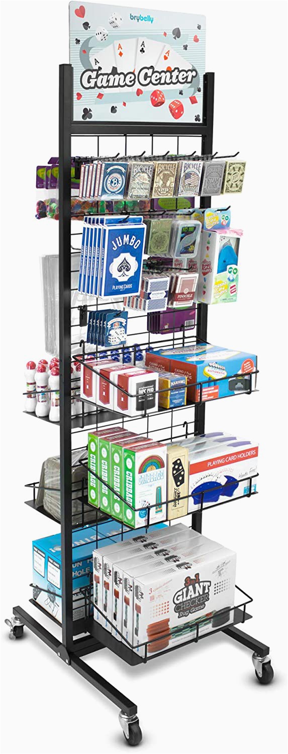 Used area Rug Display Racks for Sale Rolling Retail Display Merchandising Rack Store Fixture 66" Tall X 28" Footprint Includes 50 Peg Hooks and 4 Shelves by Brybelly