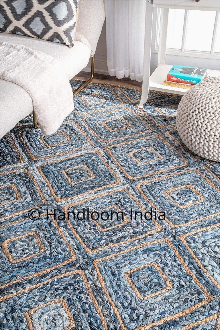 Denim and Jute area Rug Braided Denim Jute Mix solid area Carpet for Living Room