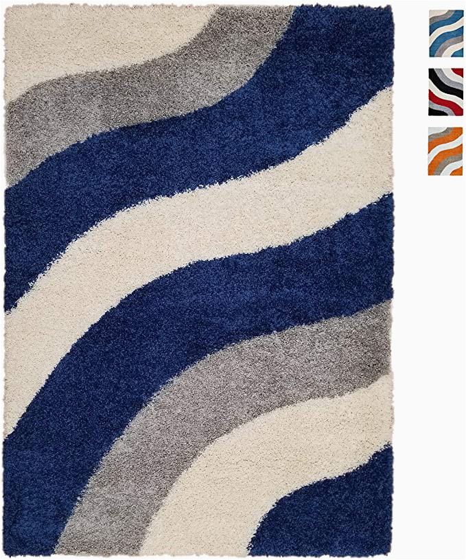 Home Goods area Rugs 5×7 soft Shag area Rug 5×7 Geometric Striped Ivory Blue Grey Shaggy Rug Contemporary area Rugs for Living Room Bedroom Kitchen Decorative Modern Shaggy