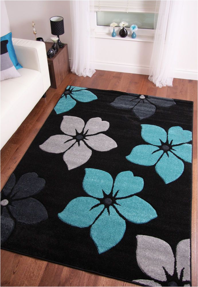 Large Teal Blue area Rugs Modern Black Grey Teal Blue Flower Extra Large area Floor