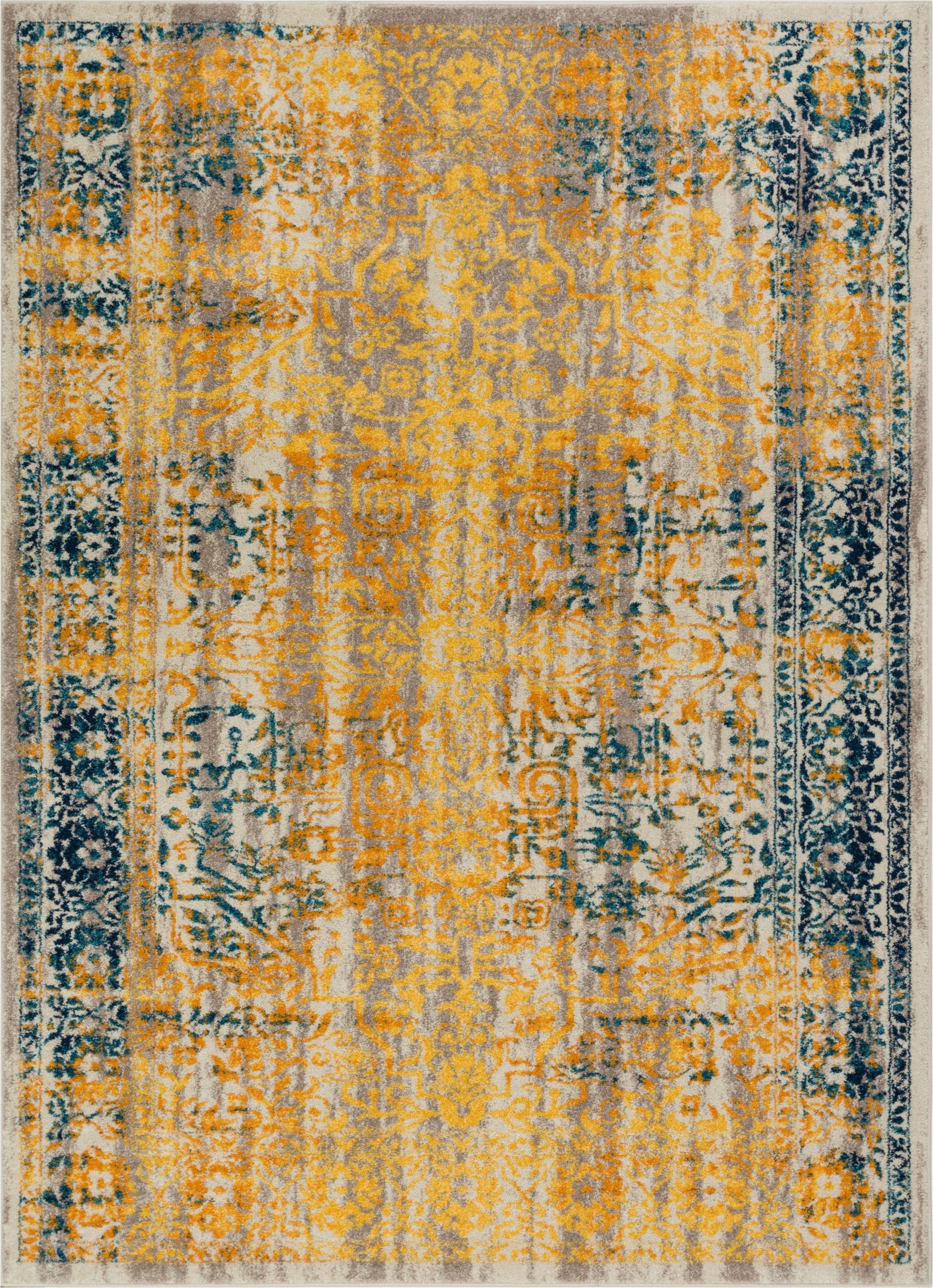 Light Blue and Gold area Rug Alhambra Modern Vintage Bright Floral Traditional Medallion Yellow Gold Blue area Rug
