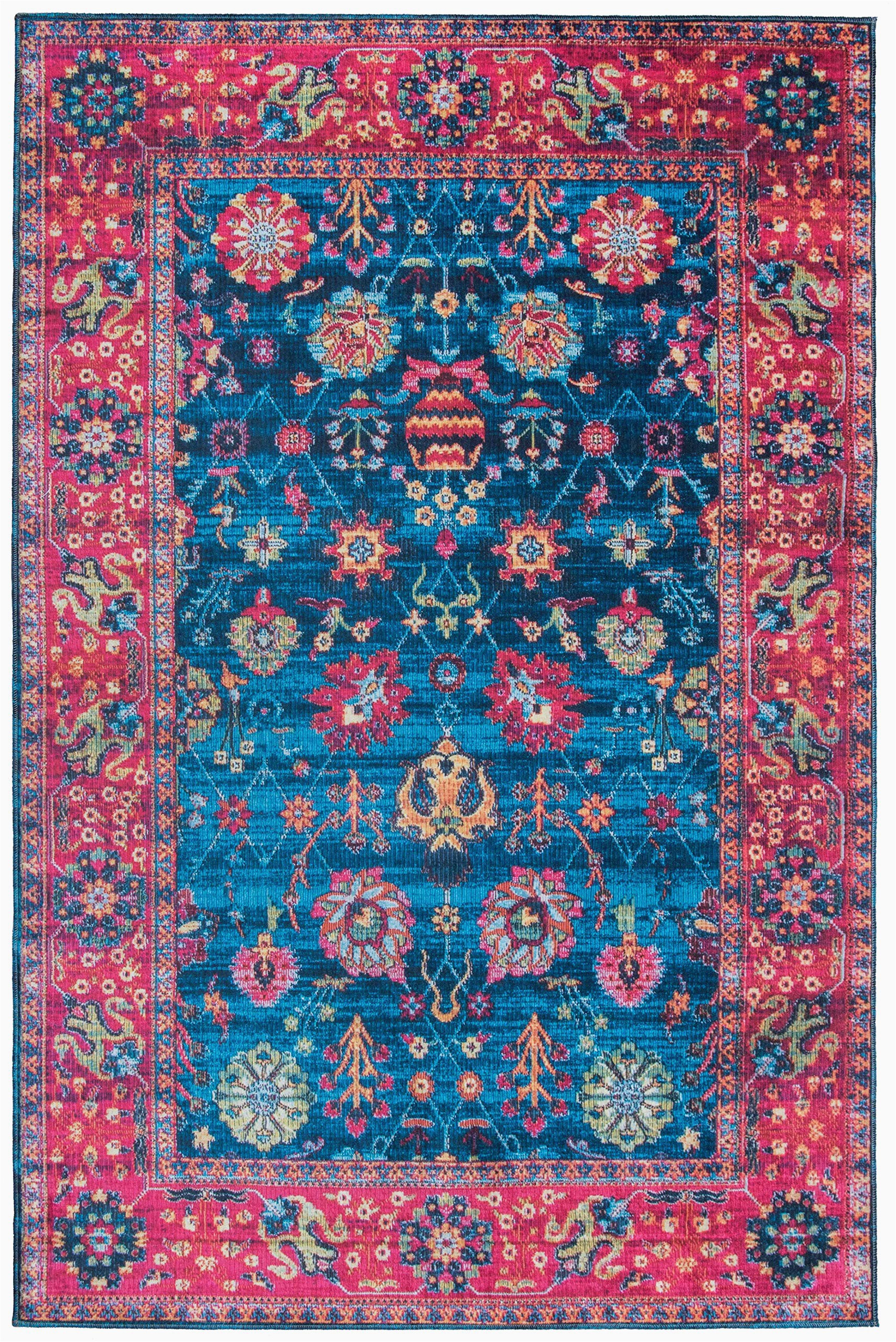 Machine Washable area Rugs 5×7 Mylife Rugs Traditional Vintage Non Slip Machine Washable Printed area Rug Blue Hot Pink 5 X7