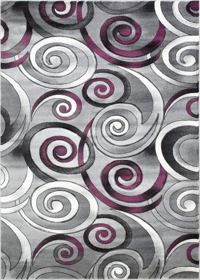 Purple and Silver area Rugs Swirls Modern Hand Carved area Rug Silver Purple Gray Black