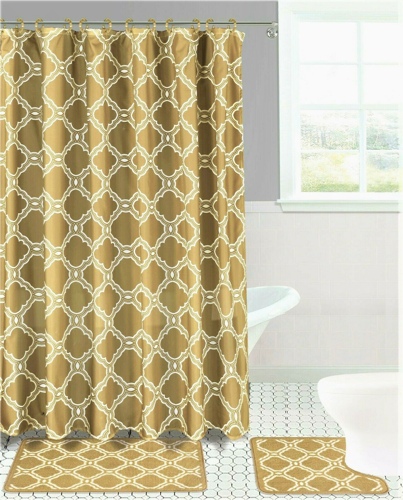 30 X 72 Bath Rug Elegant 4pc Set Bathroom Trellis Morocco Honey Pattern Taupe Rug softy Washable Includes 1 Bath Mat 18"x 30" 1 Bath Mat 17"x 17" 12 Fabric Covered