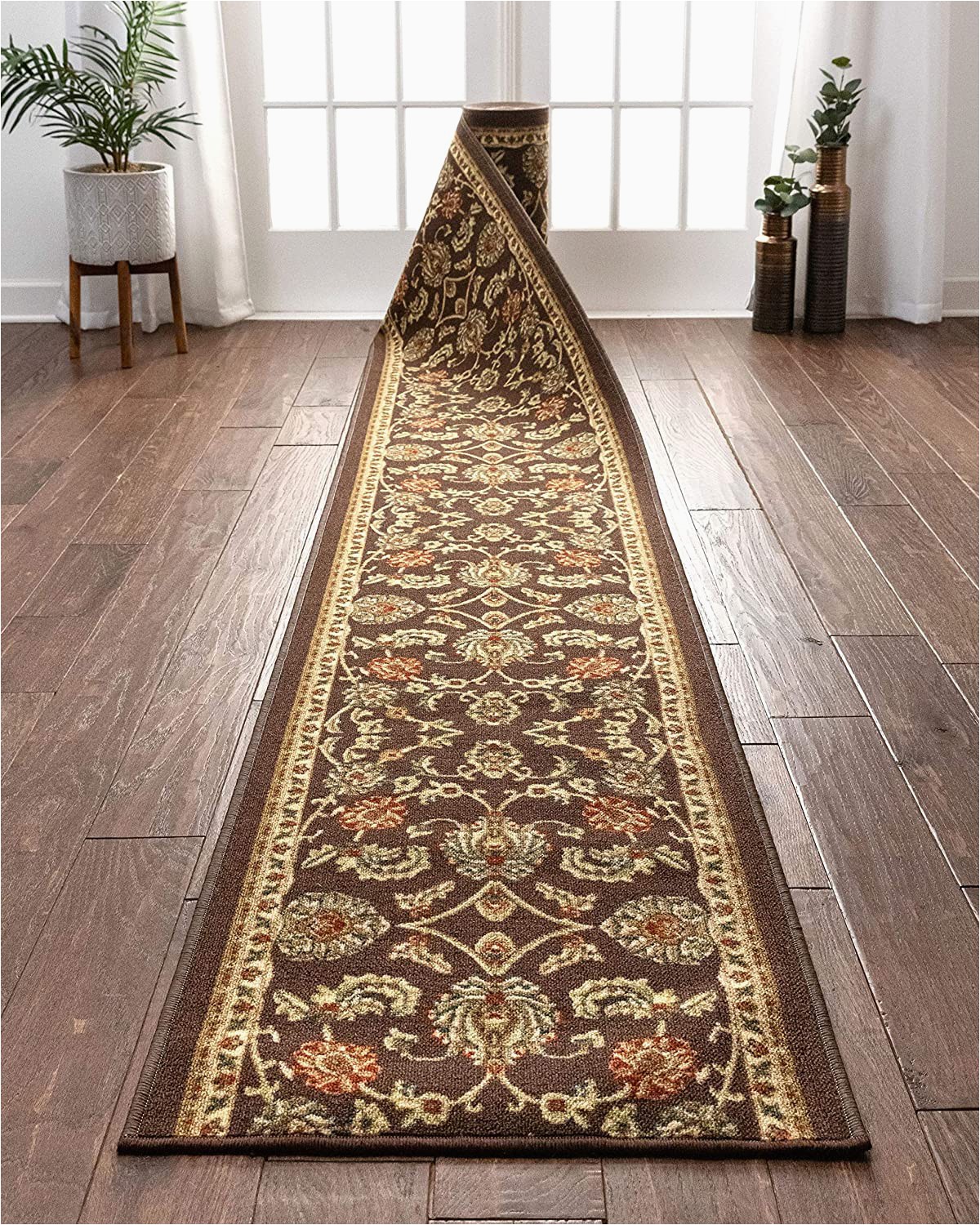 Bath Rug Runner 22 X 60 Well Woven Custom Size 22" Wide by Select Your Runner Length Non Slip Rubber Backed Machine Washable Halll Rug Timeless oriental Brown Indoor Outdoor