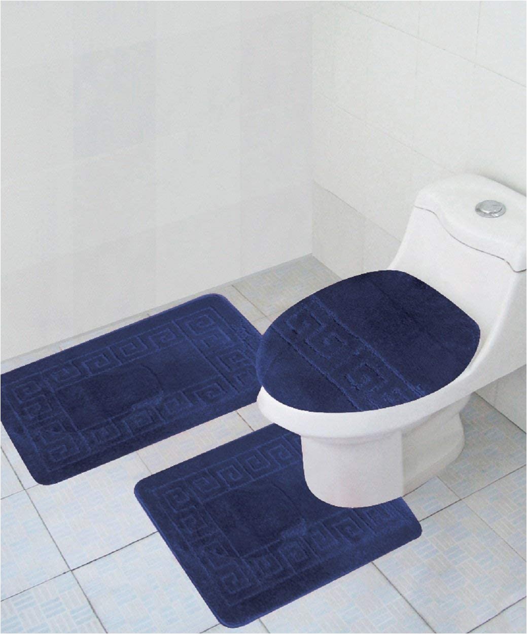 Bath Rug Sets with Elongated Lid Cover 3 Piece Bath Rug Set Pattern Bathroom Rug 20"x32" Contour Mat 20"x20" with Lid Cover Sky Blue