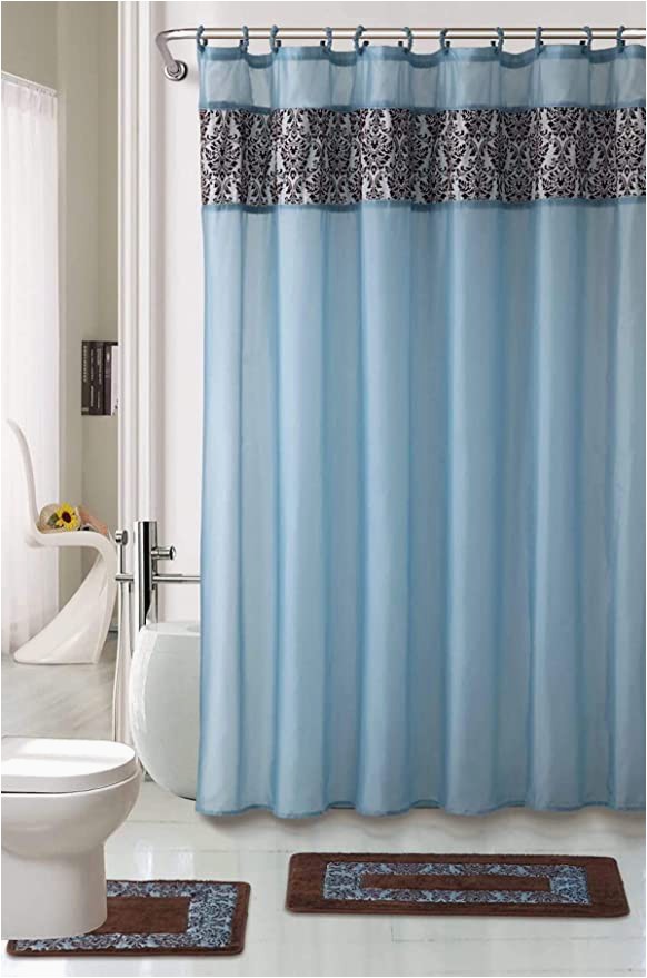 Brown and Blue Bath Rugs Wpm 4 Piece Luxury Majestic Flocking Blue Bath Rug Set 2 Piece Bathroom Rugs with Fabric Shower Curtain and Matching Rings