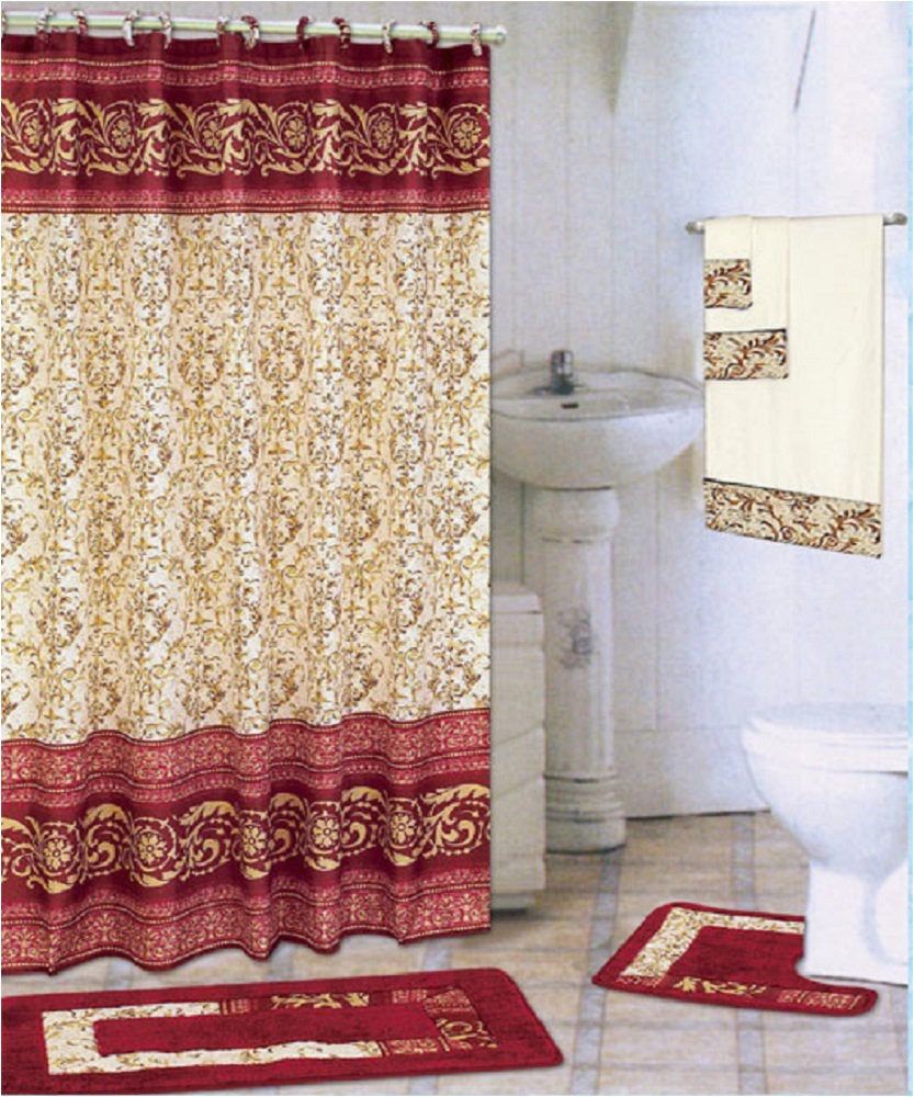 Burgundy Bath Rugs and towels Burgundy 18 Piece Bathroom Set 2 Rugs Mats 1 Fabric Shower Curtain 12 Fabric Covered Rings 3 Pc Decorative towel Set
