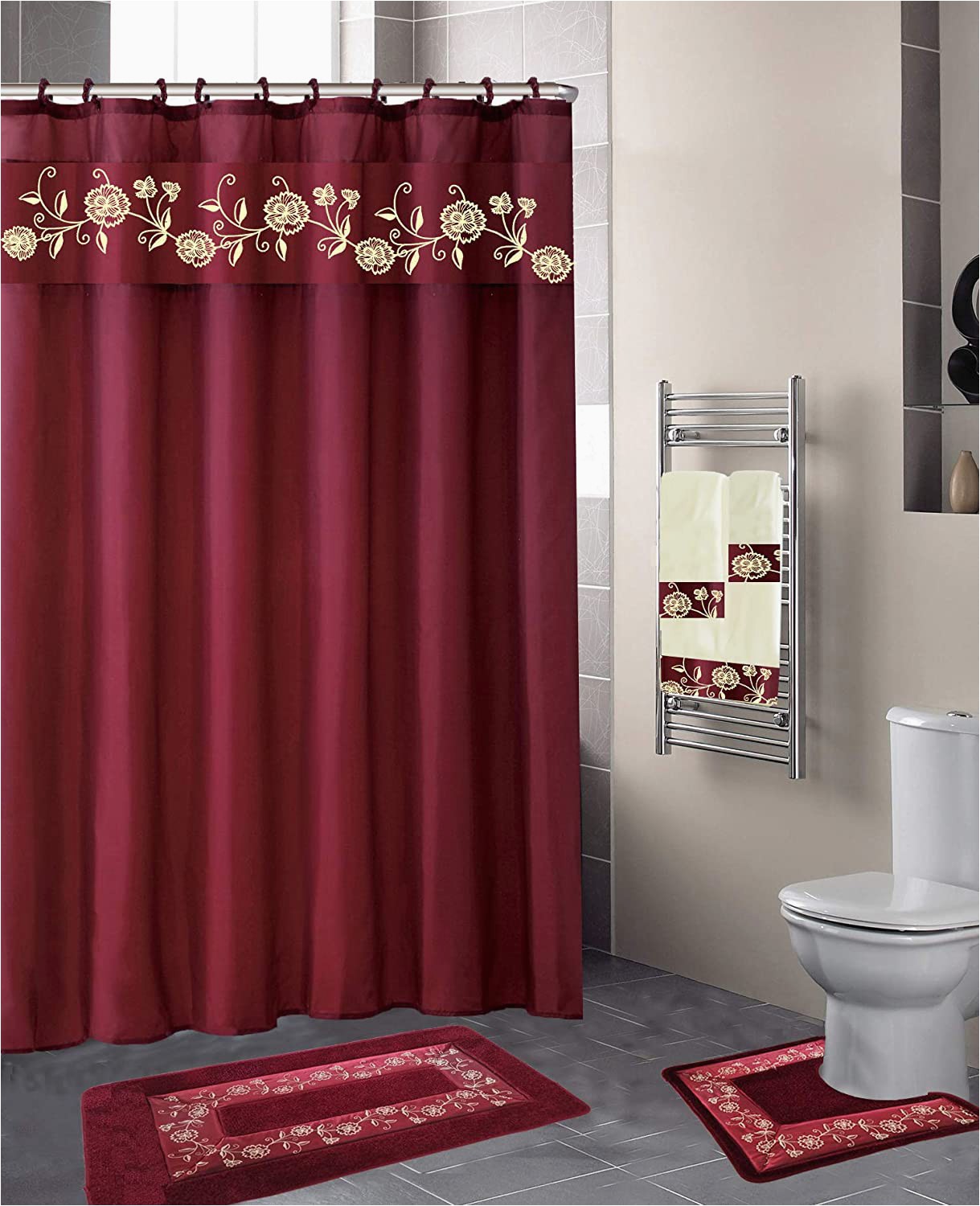 Burgundy Bath Rugs and towels Luxury Home Collection 18 Pc Bath Rug Set Embroidery Non Slip Bathroom Rug Mats and Rug Contour and Shower Curtain and towels and Rings Hooks and