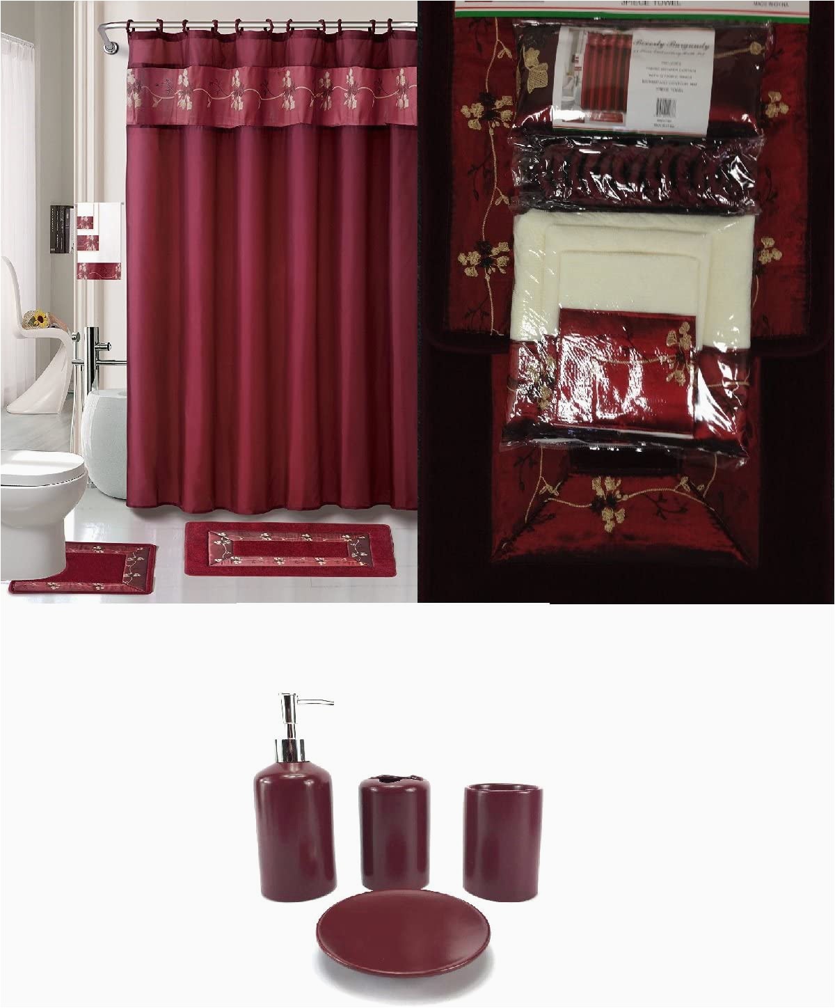 Dark Red Bath Rugs 22 Piece Bath Accessory Set Burgundy Red Bath Rug Set Shower Curtain & Accessories