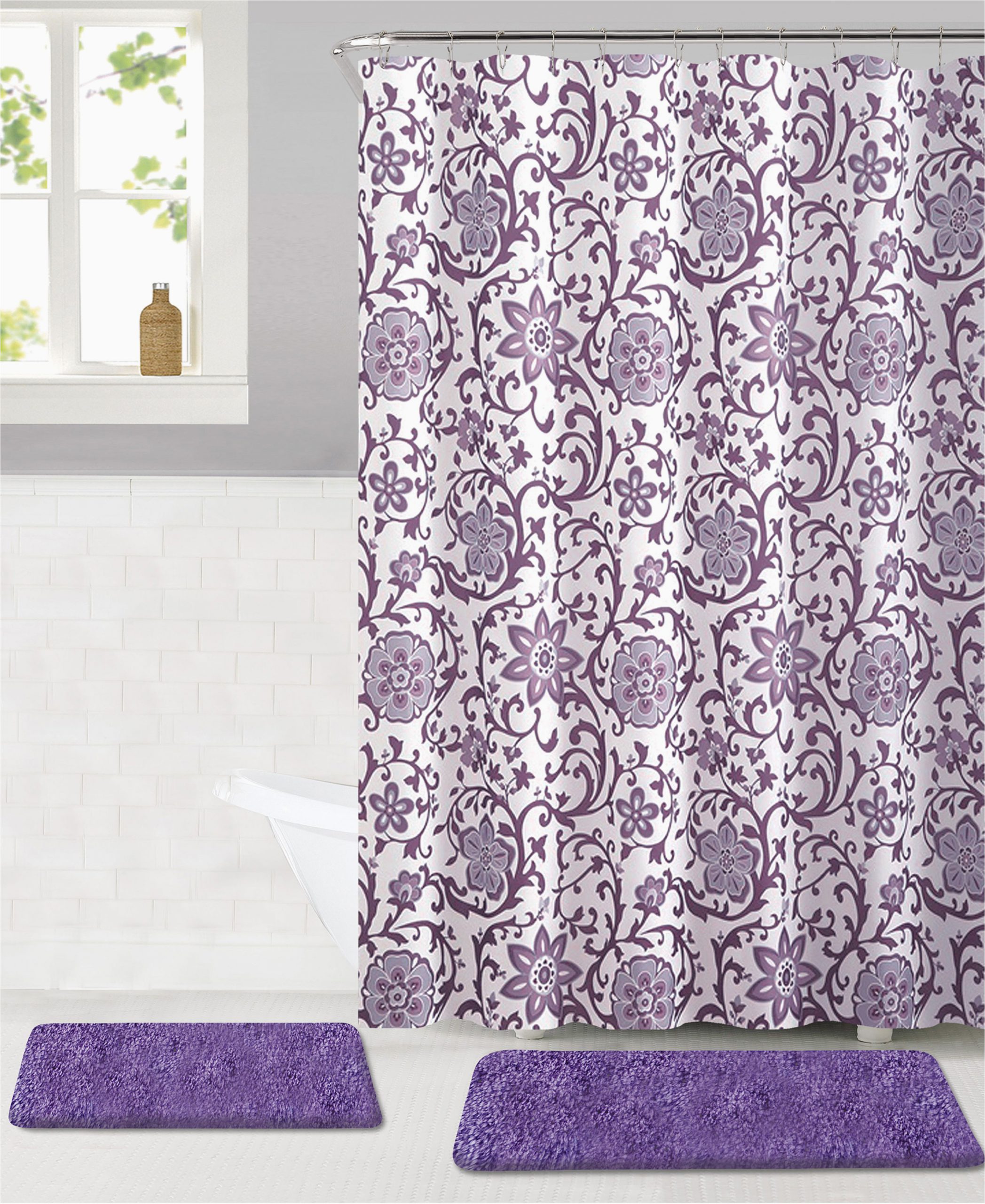 Light Purple Bath Rug Rodeo Floral 15 Piece Shower Curtain and Bath Rug Set In Lilac