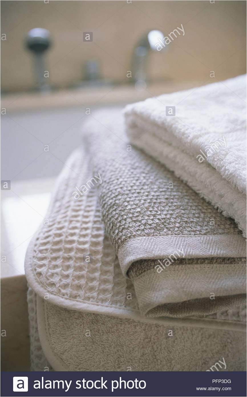 Organic Cotton Bath Rug Folded organic Cotton towels and Bath Mats Close Up Stock