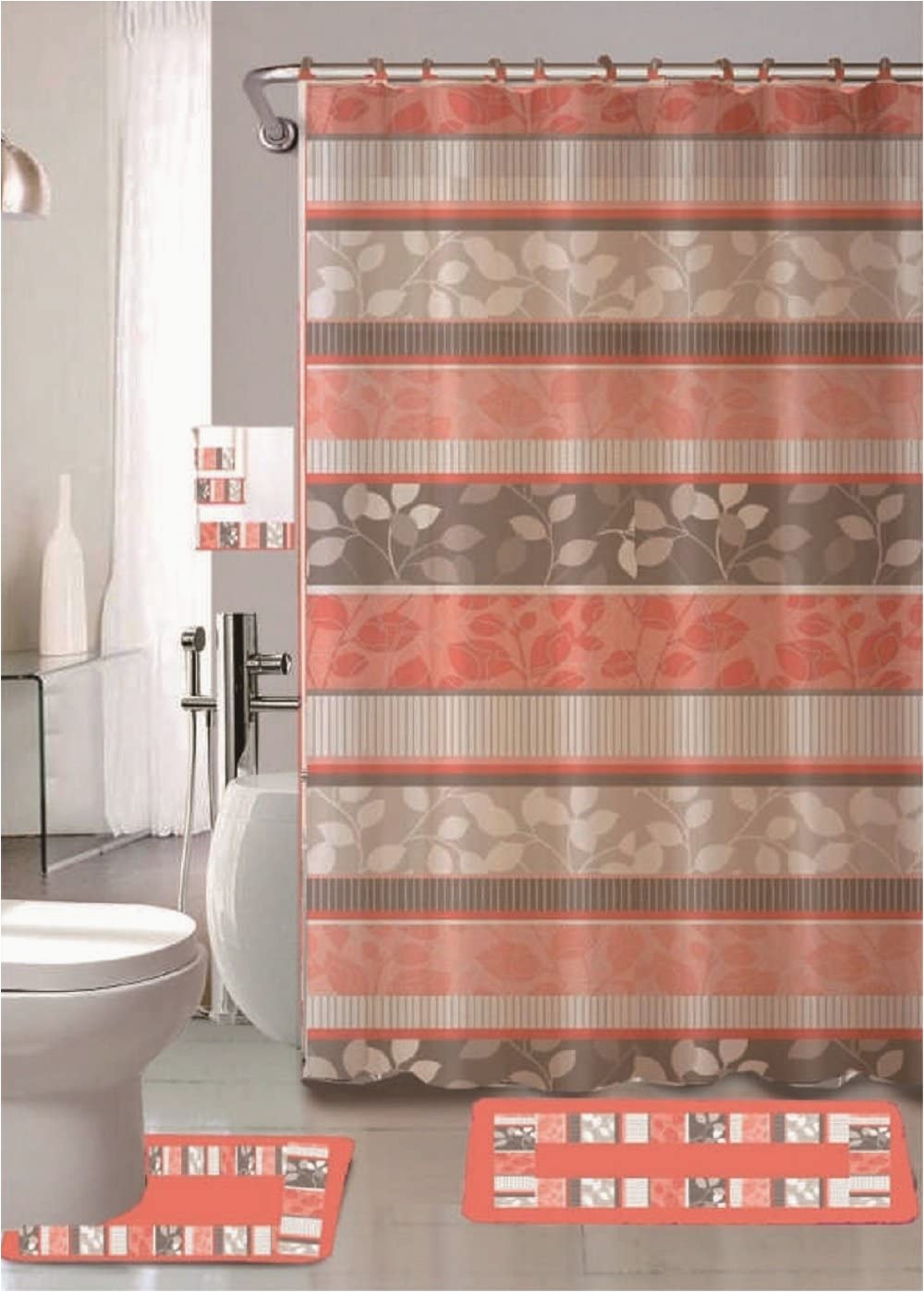 Peach Bath towels and Rugs 18 Piece Bathroom Set with Rugs Mats Shower Curtains Rings