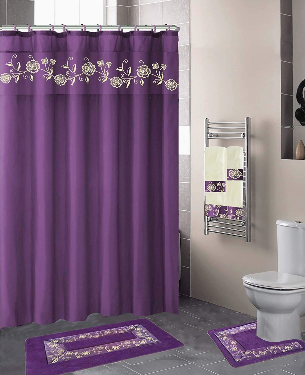 Purple Bath towels and Rugs Luxury Home Collection 18 Pc Bath Rug Set Embroidery Non