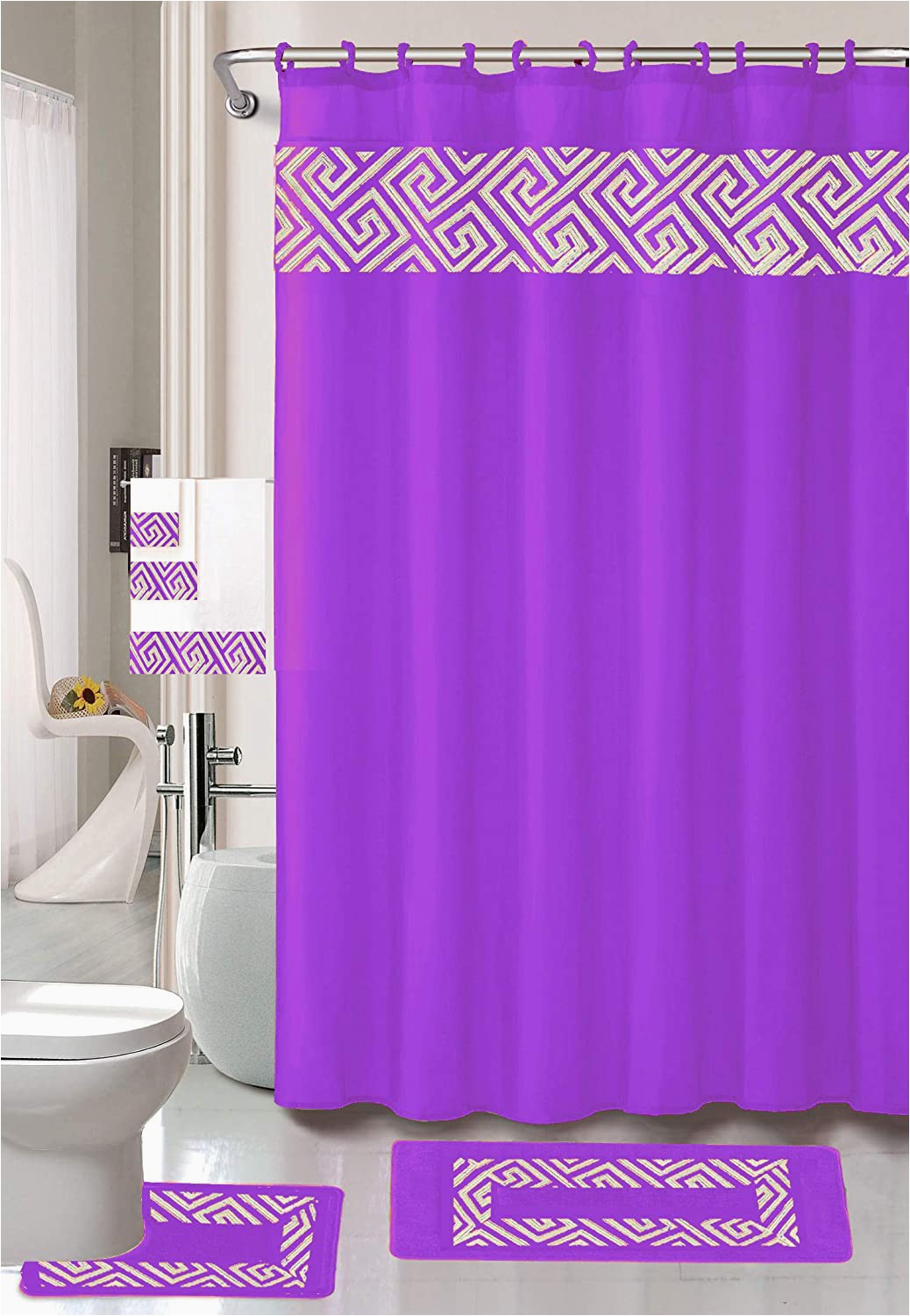 Purple Bath towels and Rugs Luxury Home Collection 18 Piece Embroidery Non Slip Bathroom Rug Set Set Includes Bath Rug Mat Contour Mat Shower Curtain towels and Hooks