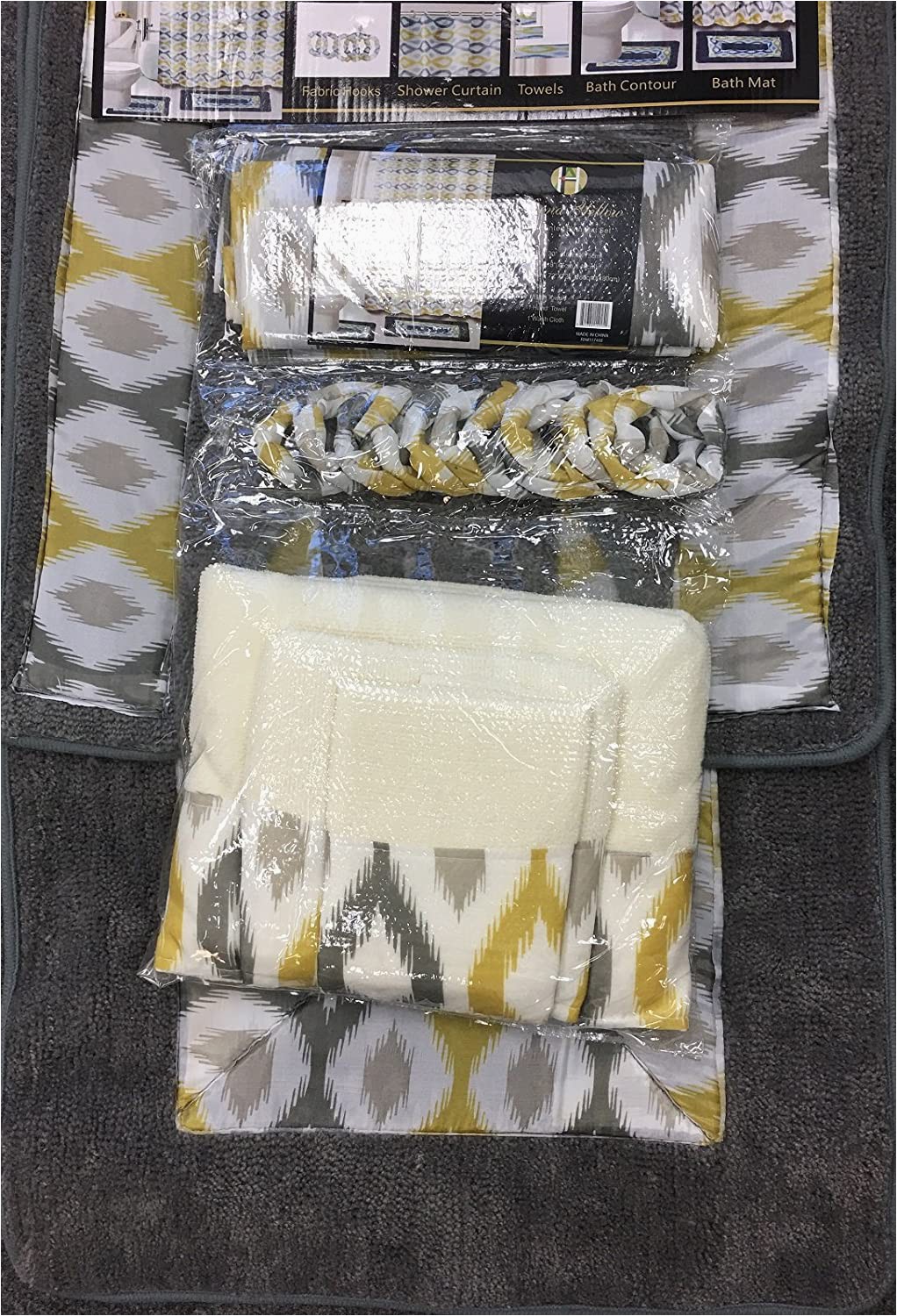 Silver Bath towels and Rugs 18 Piece Bath Rug Silver Grey Gold Print Bathroom Rugs Shower Curtain Rings and towels Sets Keena Yellow