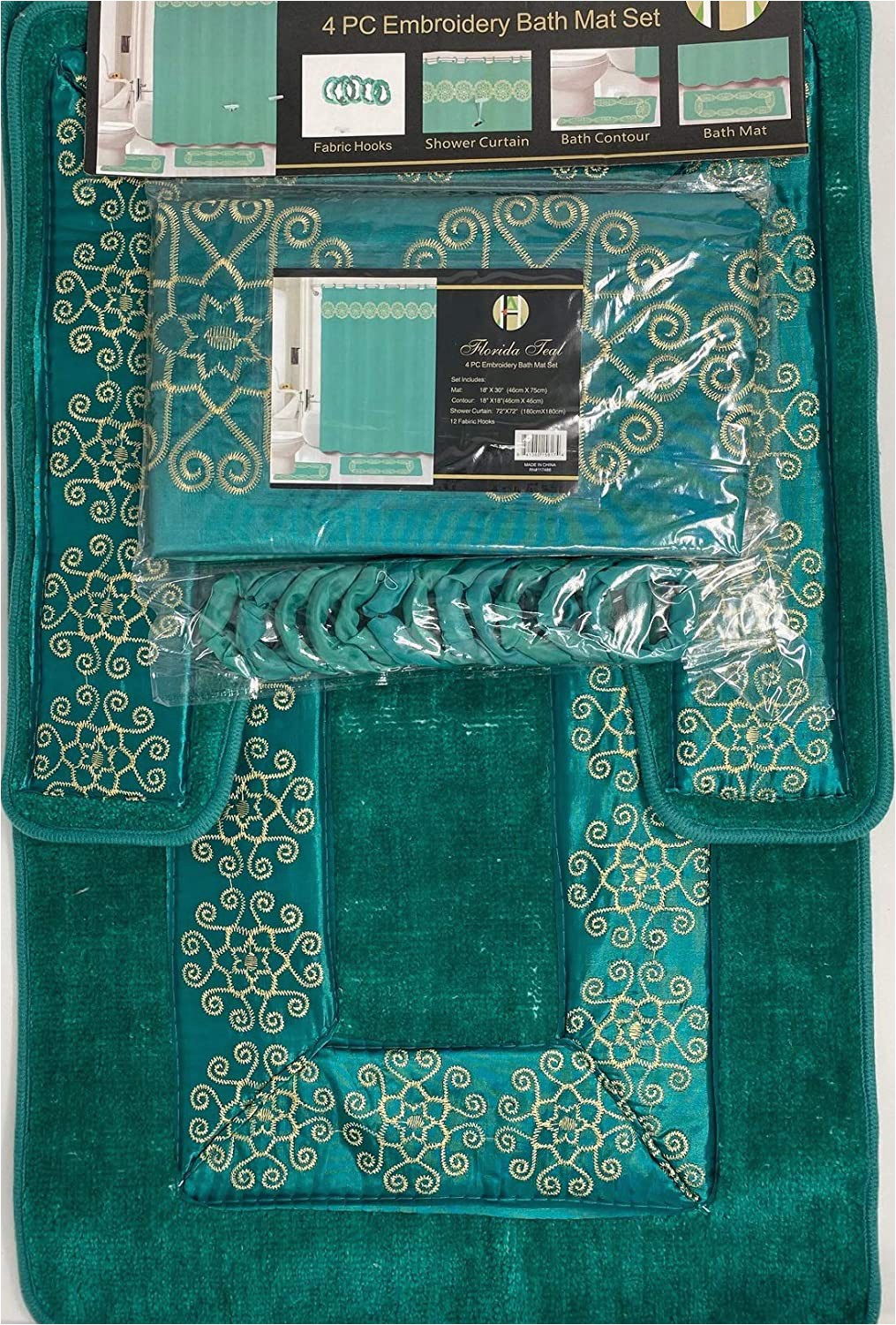 Teal Bath Rug Set 4 Piece Bathroom Rugs Set Non Slip Teal Gold Bath Rug toilet Contour Mat with Fabric Shower Curtain and Matching Rings Florida Teal