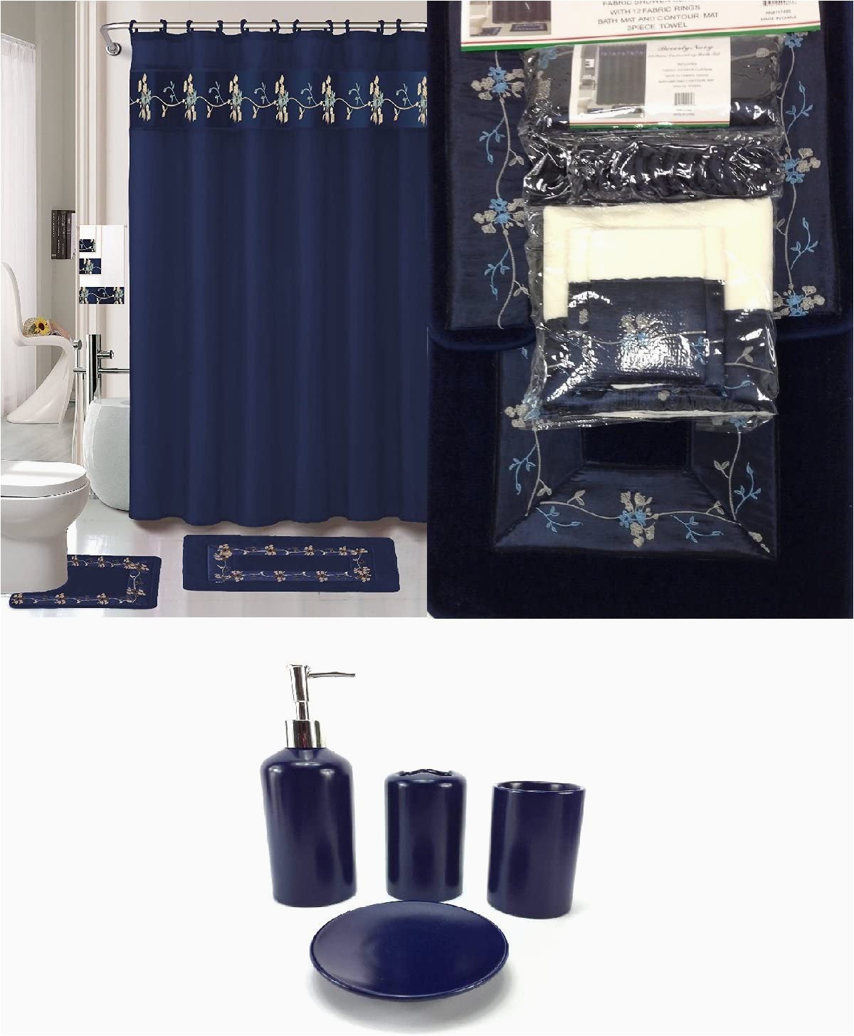 Bath Rug Curtain Set 22 Piece Bath Accessory Set Navy Blue Flower Bathroom Rug Set Shower Curtain & Accessories