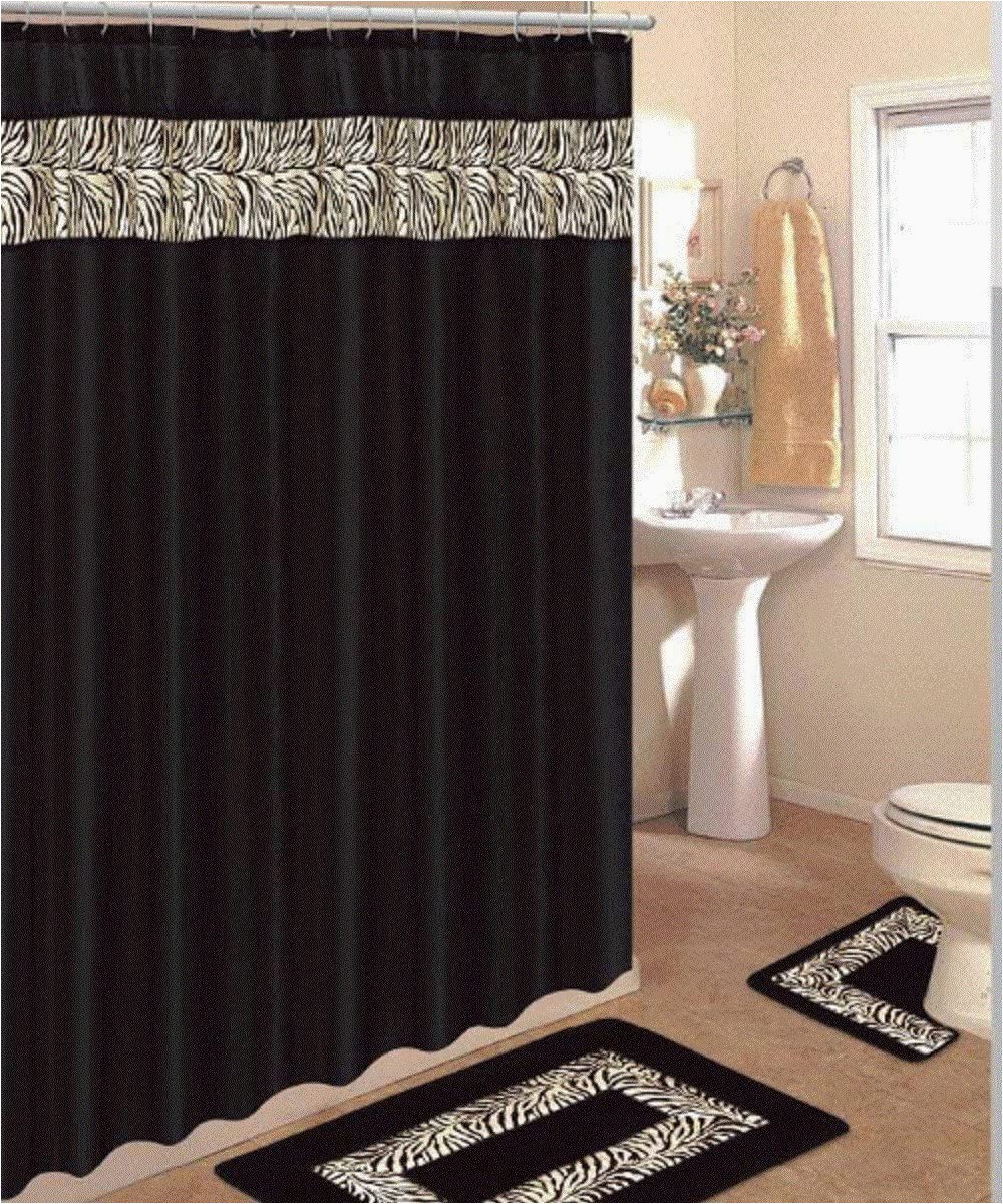 Bath Rug Curtain Set 4 Piece Bath Rug Set 3 Piece Black Zebra Bathroom Rugs with Fabric Shower Curtain and Matching Rings