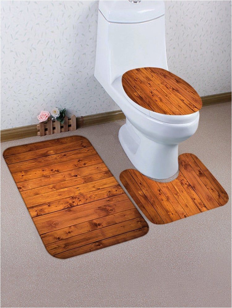 Bathroom Rug Around toilet Retro Wood Flooring Pattern 3 Pcs Bath Mat toilet Mat