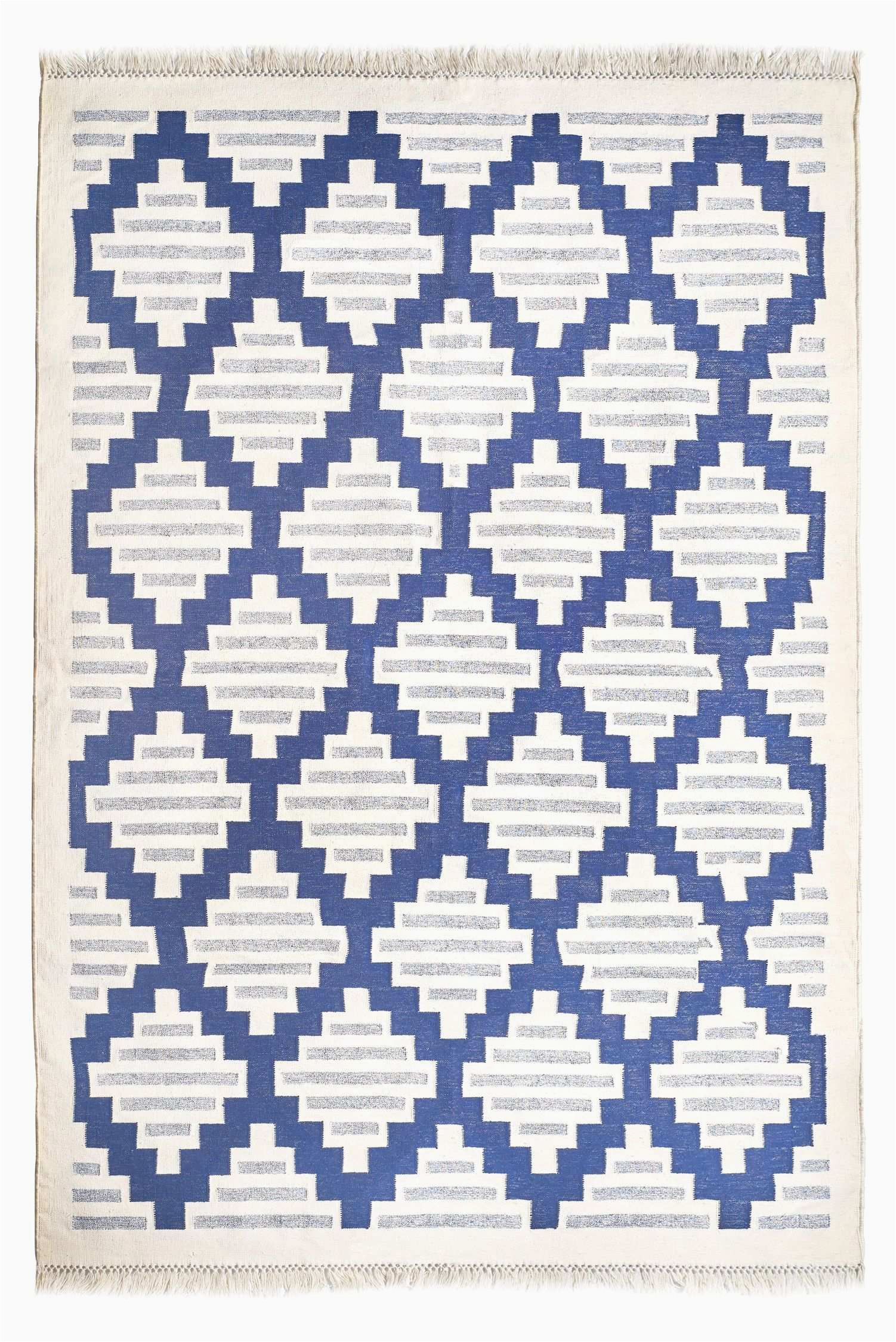 Blue and White Dhurrie Rug Matka Striped Cotton Dhurrie In Blue and White
