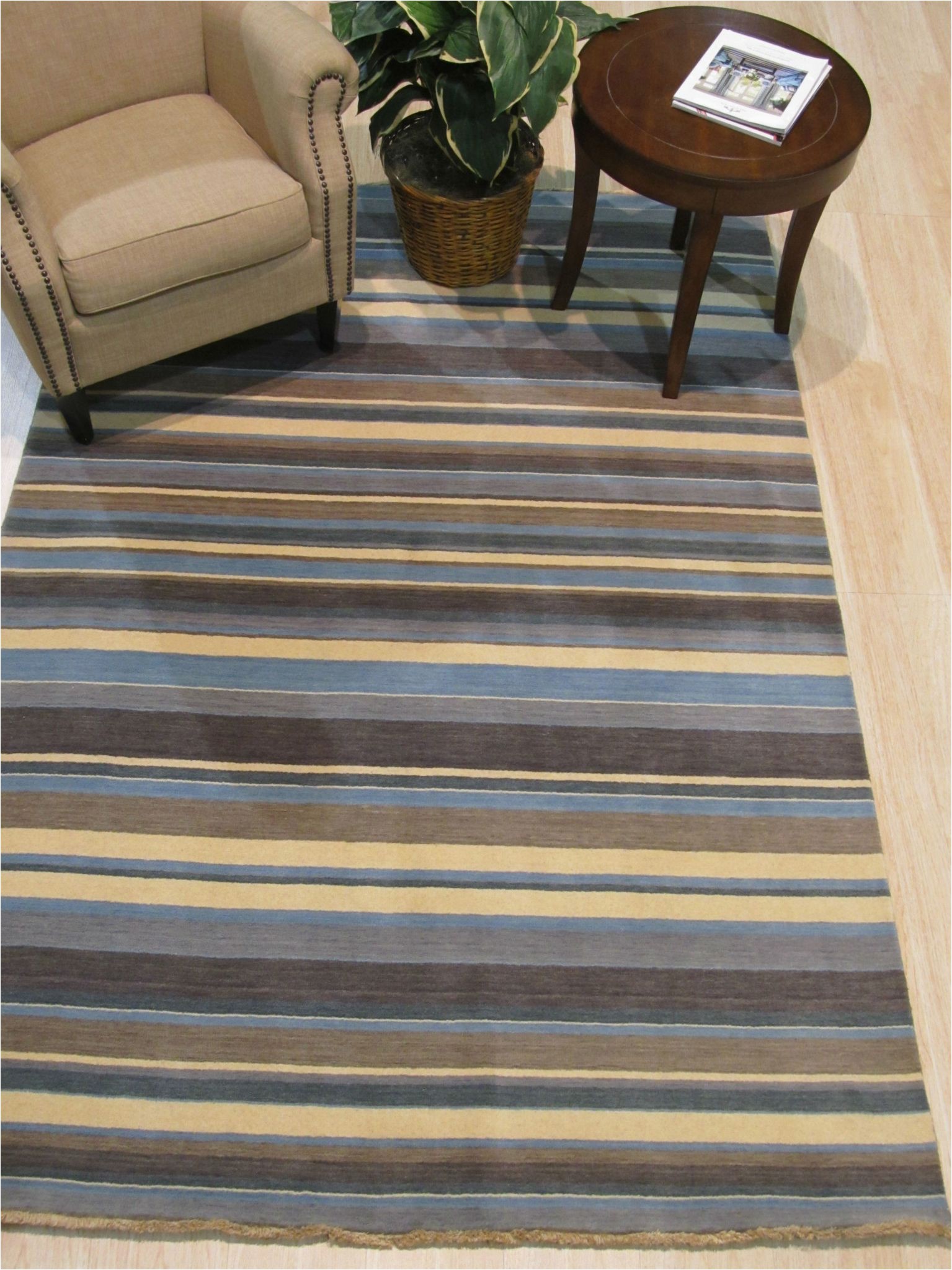 Blue Striped Wool Rug Blue Brown Ivory Striped Handmade Wool Rug 8 X 10 and More