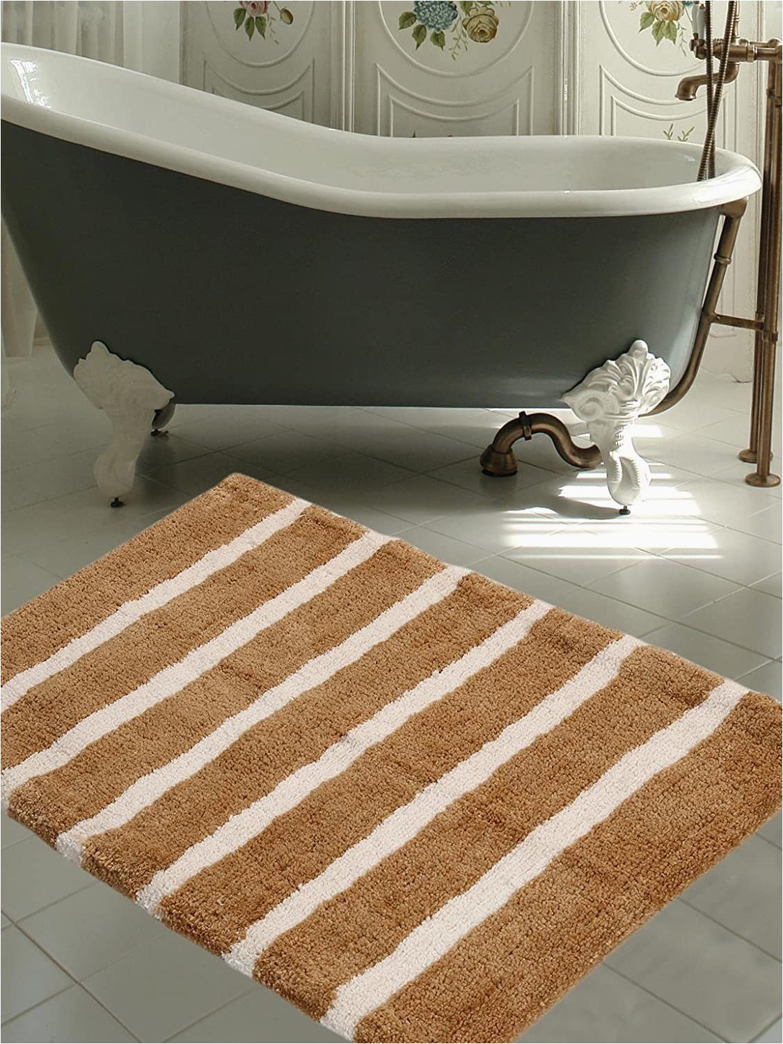 Designer Bathroom Rugs and Mats Warisi Bold Stripes Collection Designer Plush Microfiber Bath Rug Beige Ivory